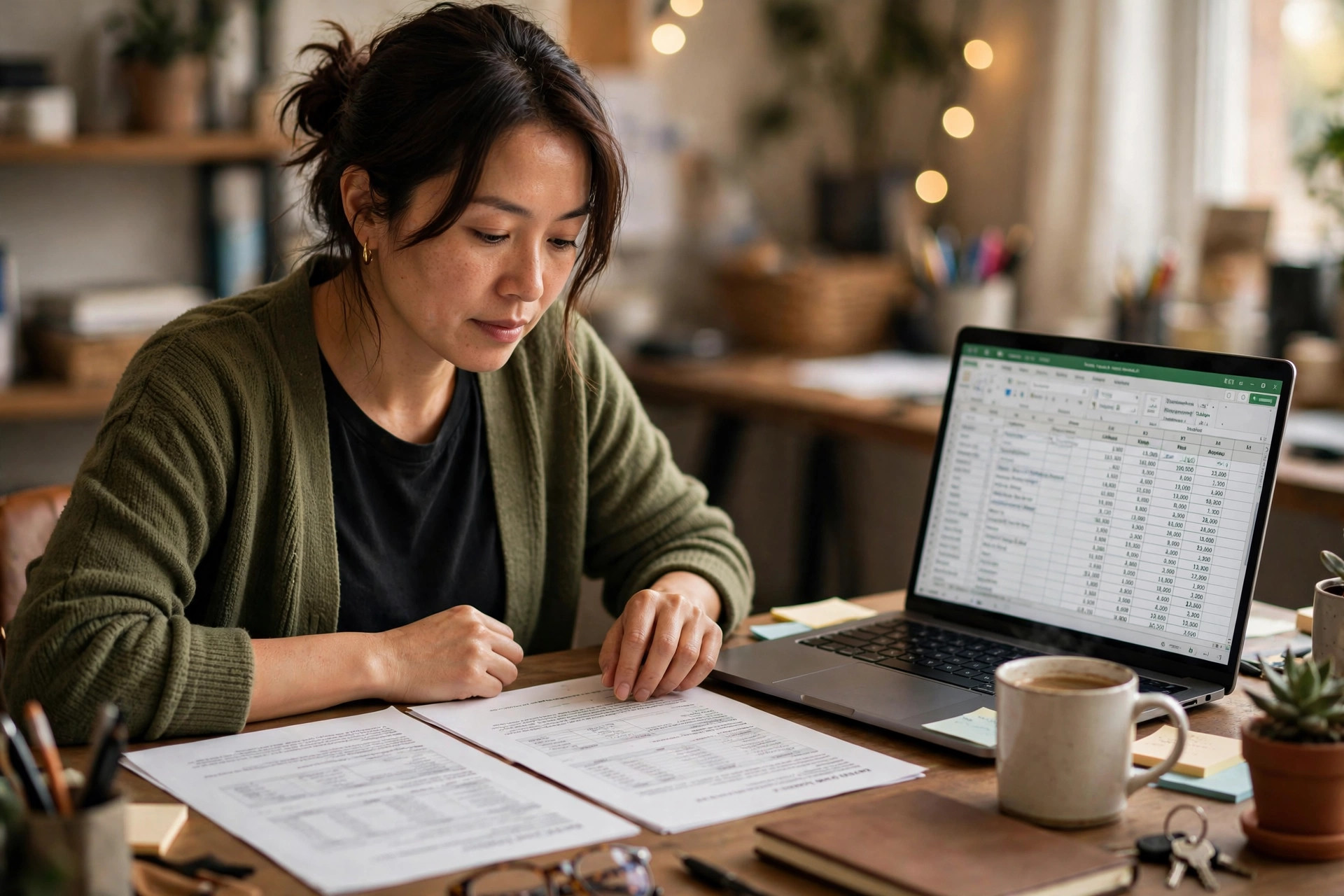 Small business owner at her desk comparing two printed loan offer documents with a spreadsheet open on her laptop
