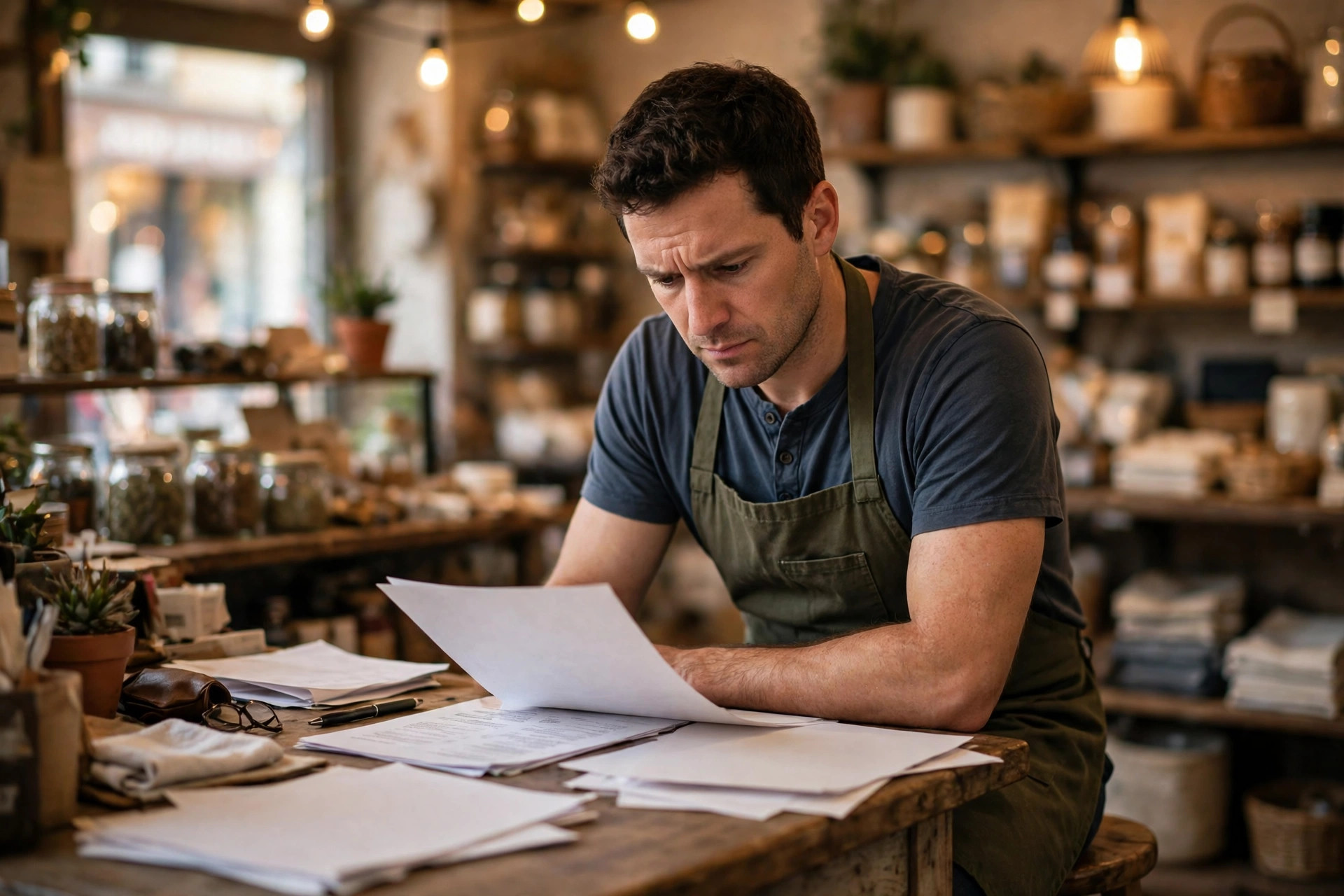 A small business owner reviewing loan paperwork at the counter of his retail shop