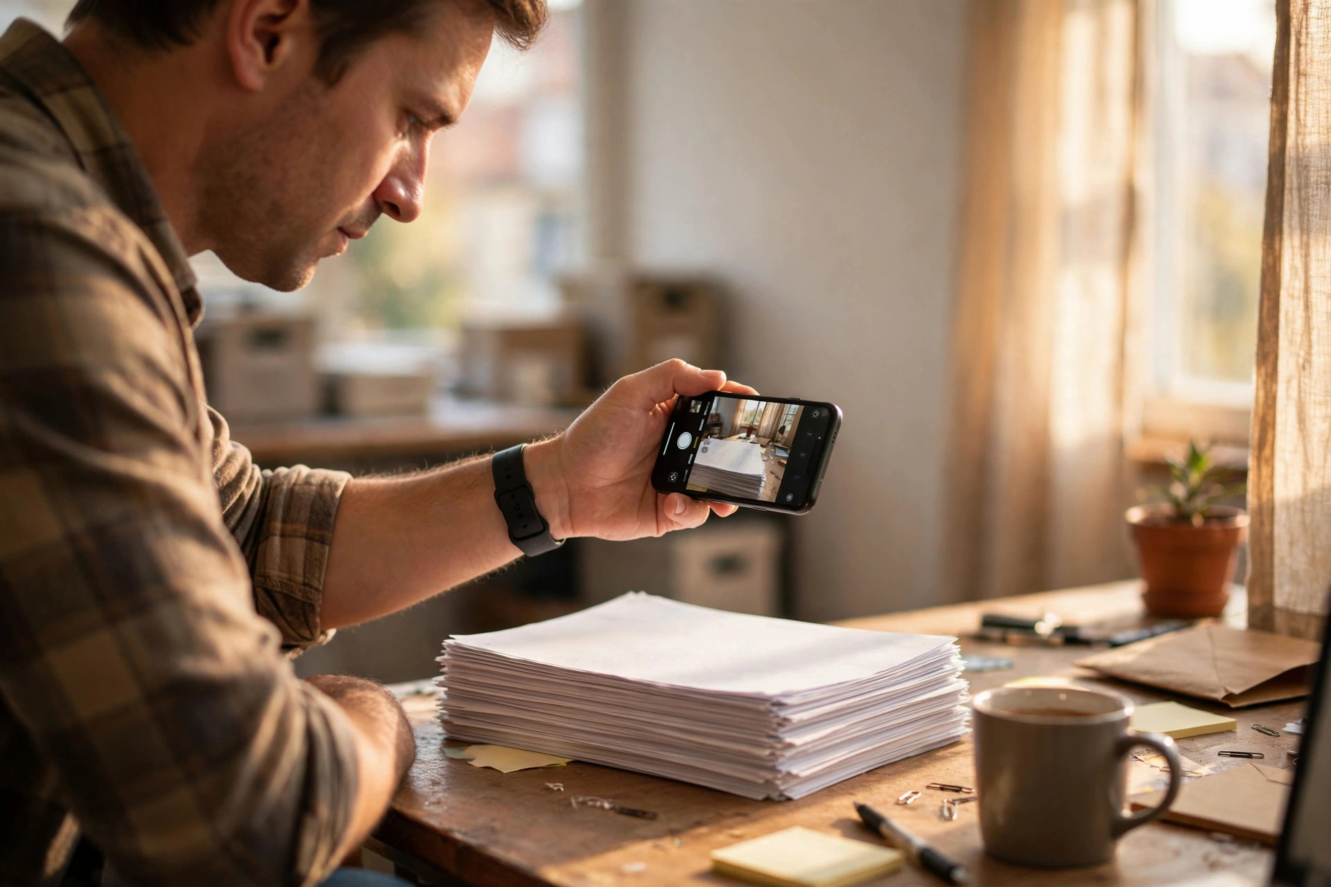Small business owner using a smartphone to photograph a stack of bank statements on his office desk