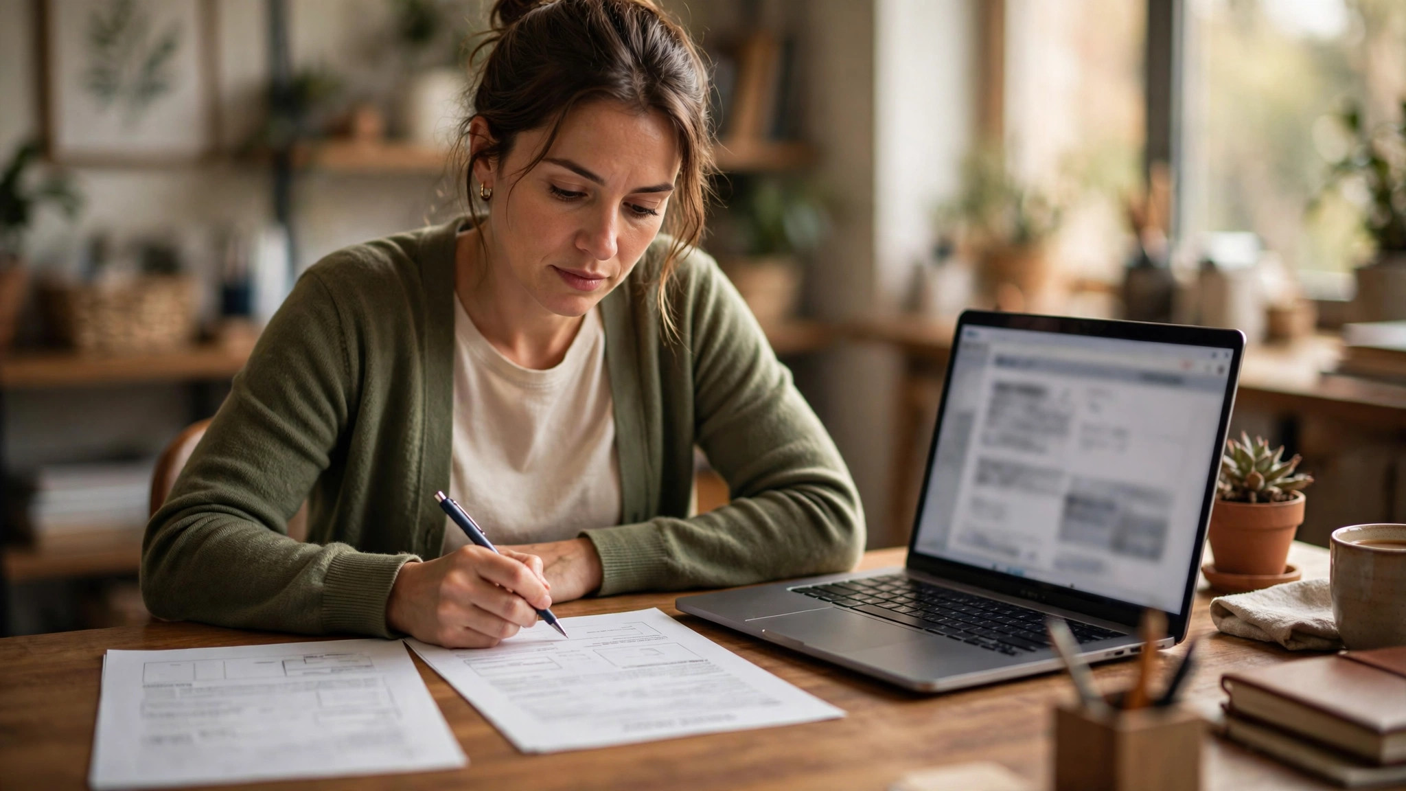 Small business owner comparing bank loan documents and a laptop with a fintech lender application