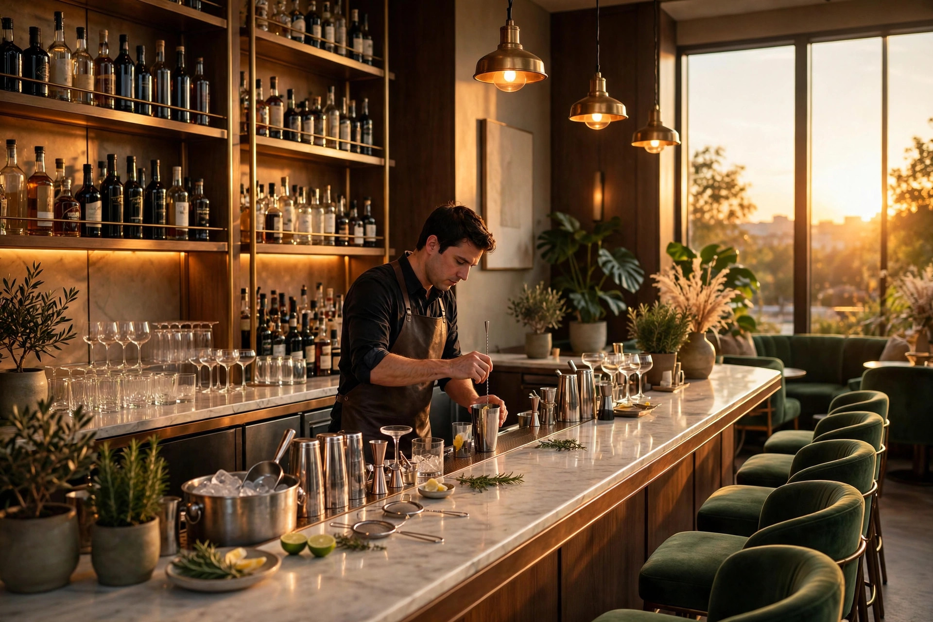 Upscale cocktail bar interior glowing at golden hour, bartender preparing drinks behind a marble bar