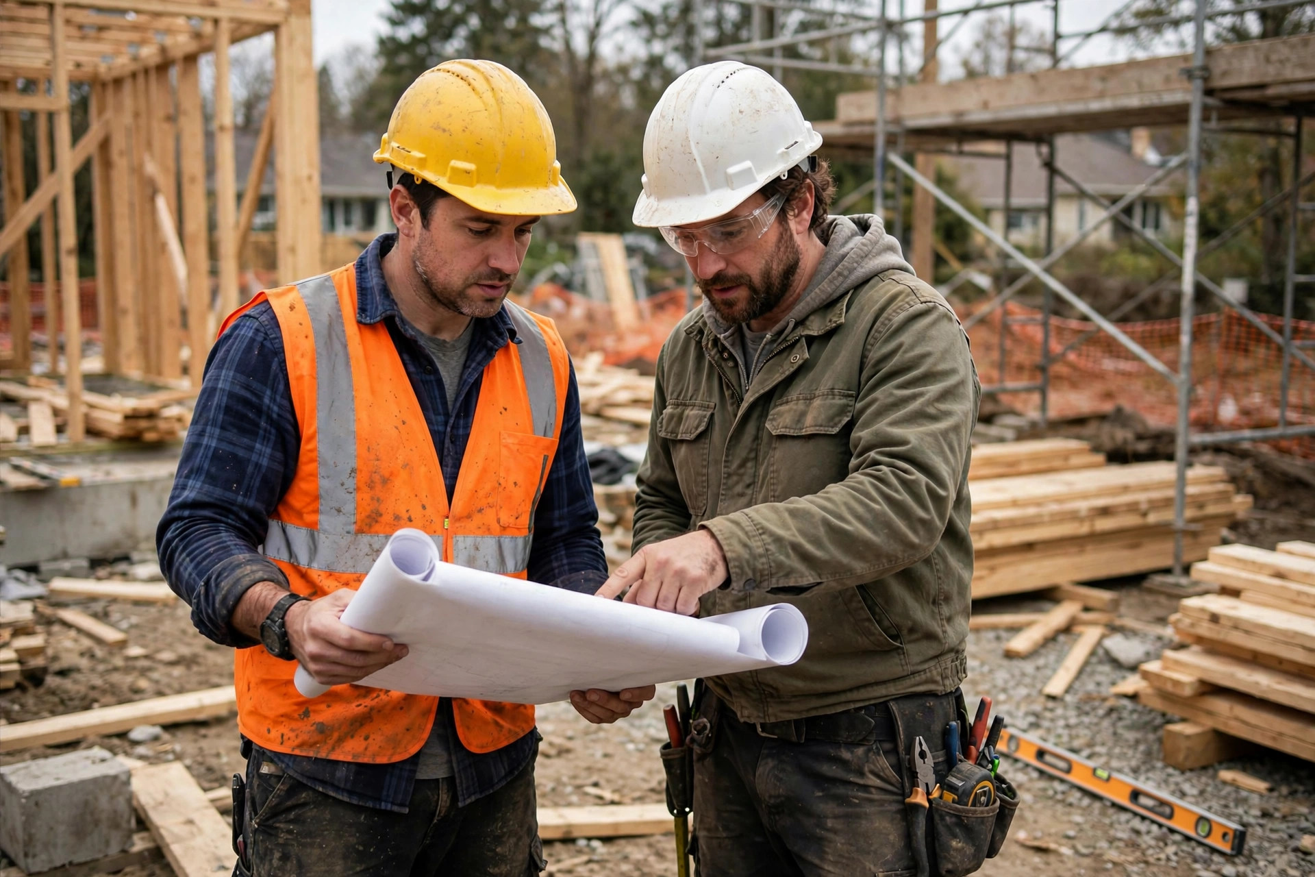 Two general contractors in hard hats reviewing building plans together at an active residential construction site