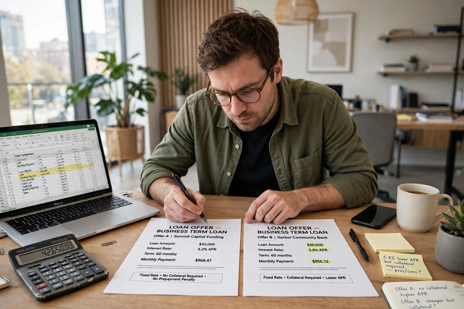 Small business owner comparing two business loan offer documents side by side at a desk