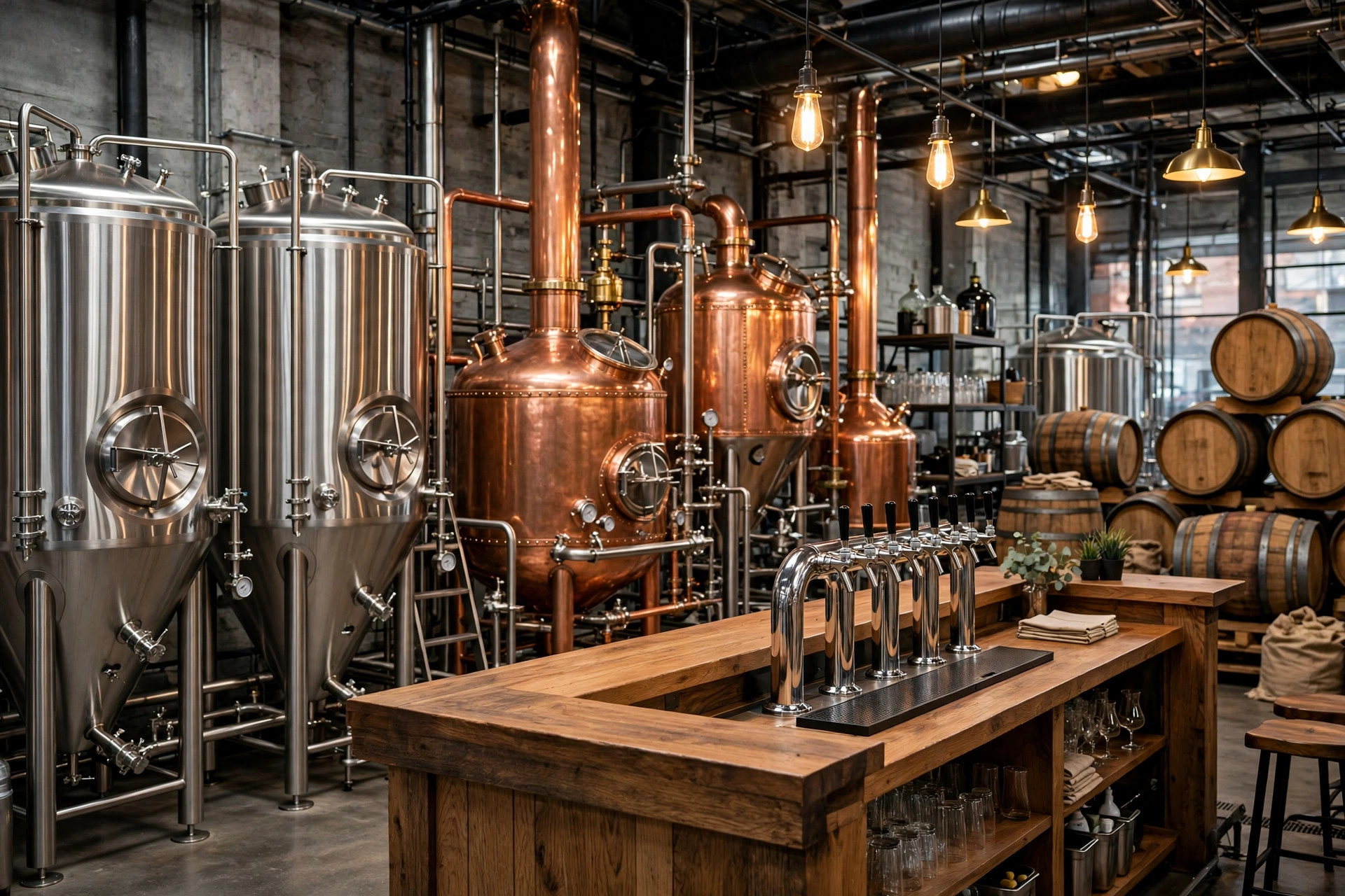 A craft brewery interior with stainless steel brewing tanks, a wooden taproom bar, and oak barrels