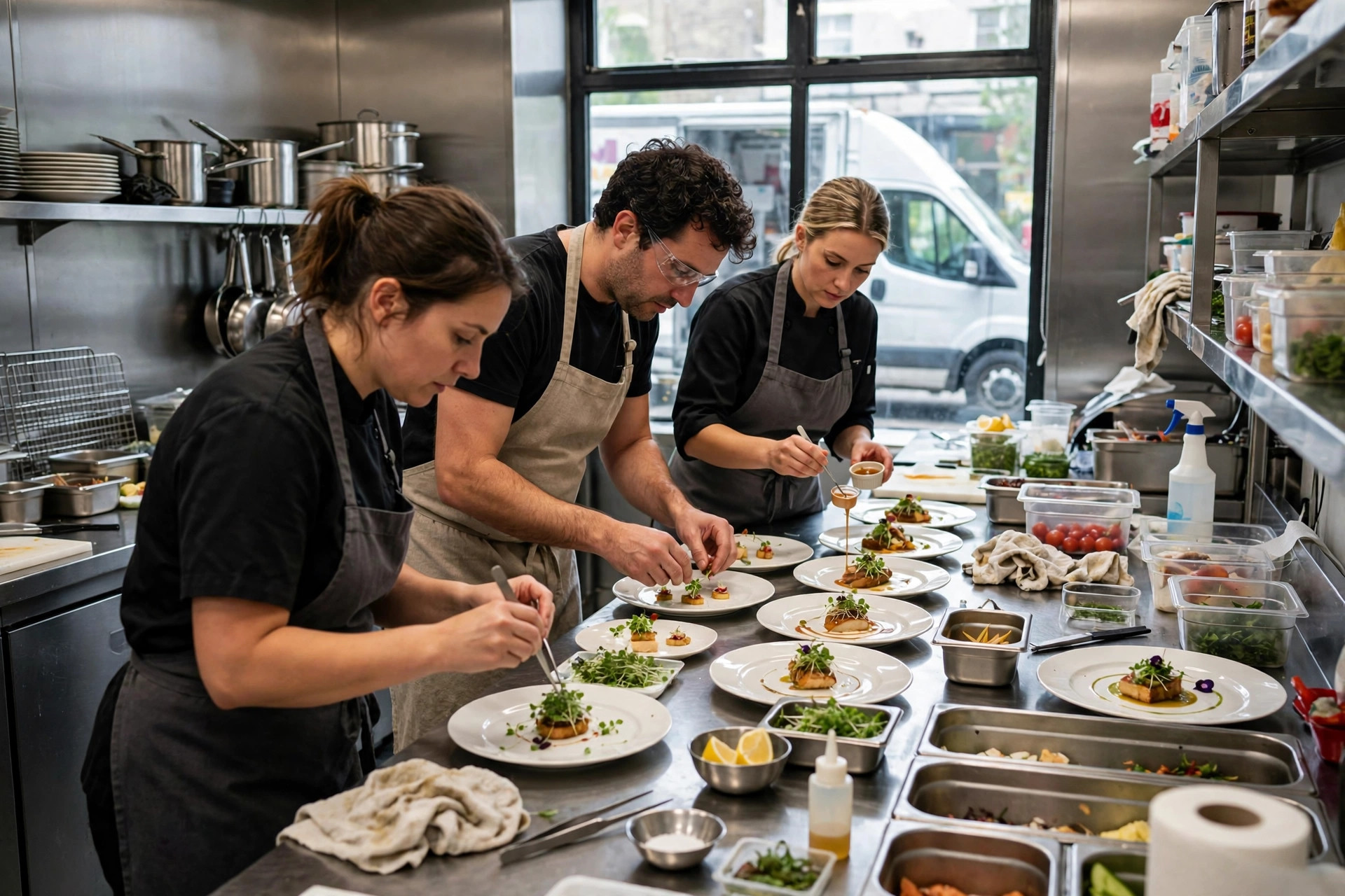 A catering team in a bright commercial kitchen plating elegant event dishes, with a delivery van visible nearby