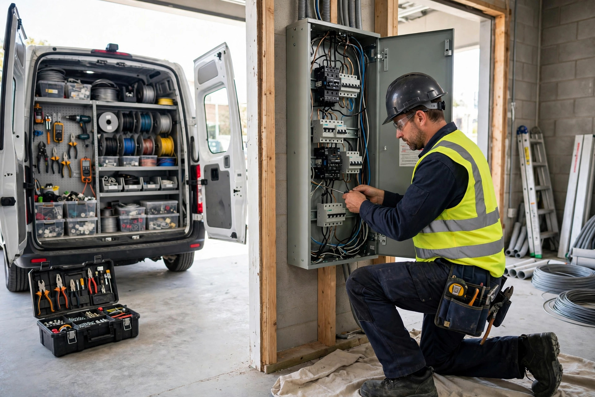 An electrician in work gear installing a modern electrical panel in a commercial building, with a stocked service van nearby