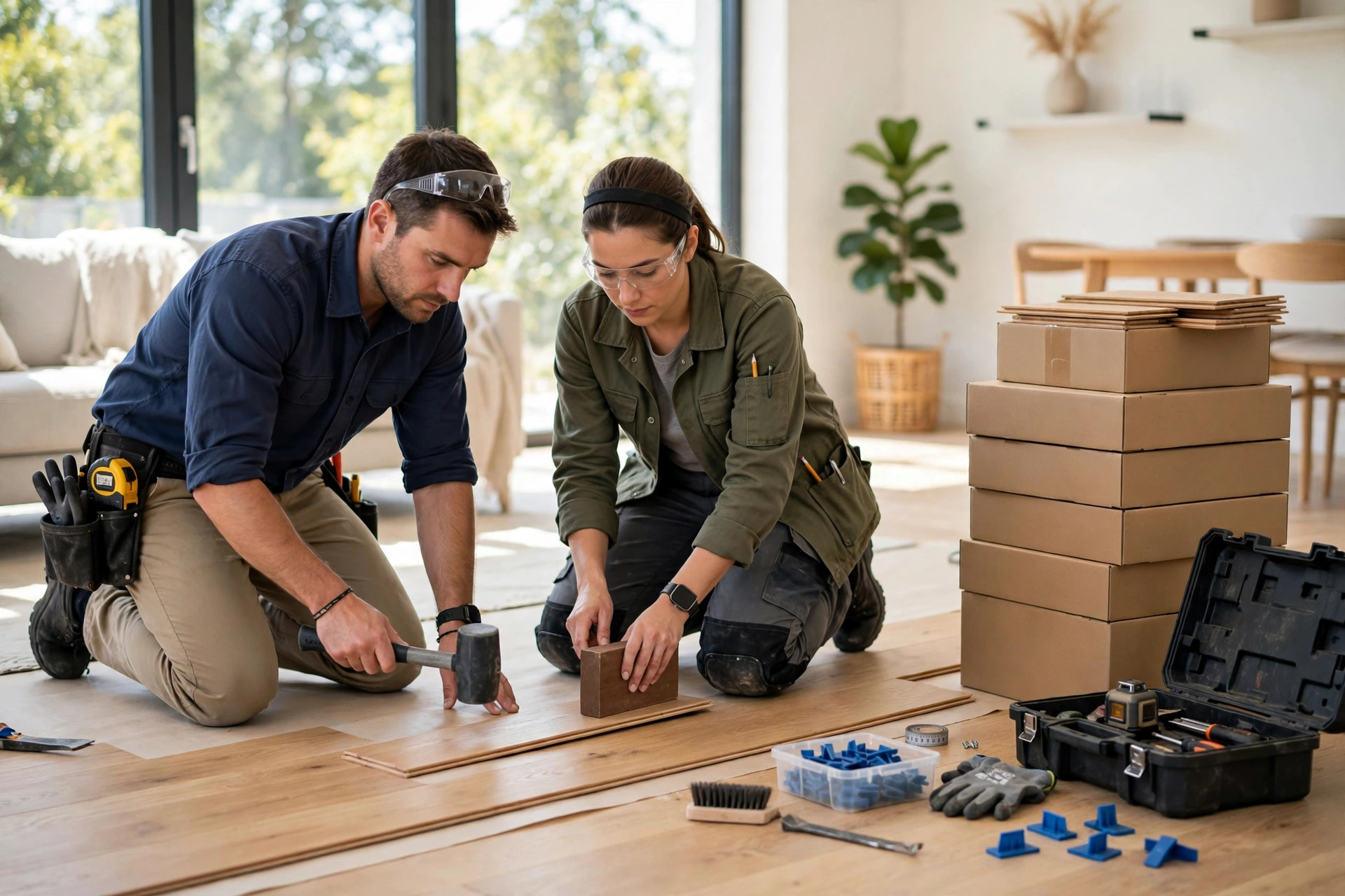 Flooring installers laying light oak hardwood planks in a bright modern home, with tools and stacked flooring boxes nearby