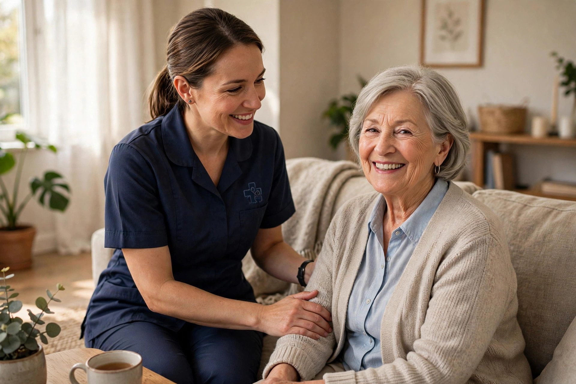 A friendly home caregiver in uniform assisting a smiling senior woman in a bright, comfortable living room
