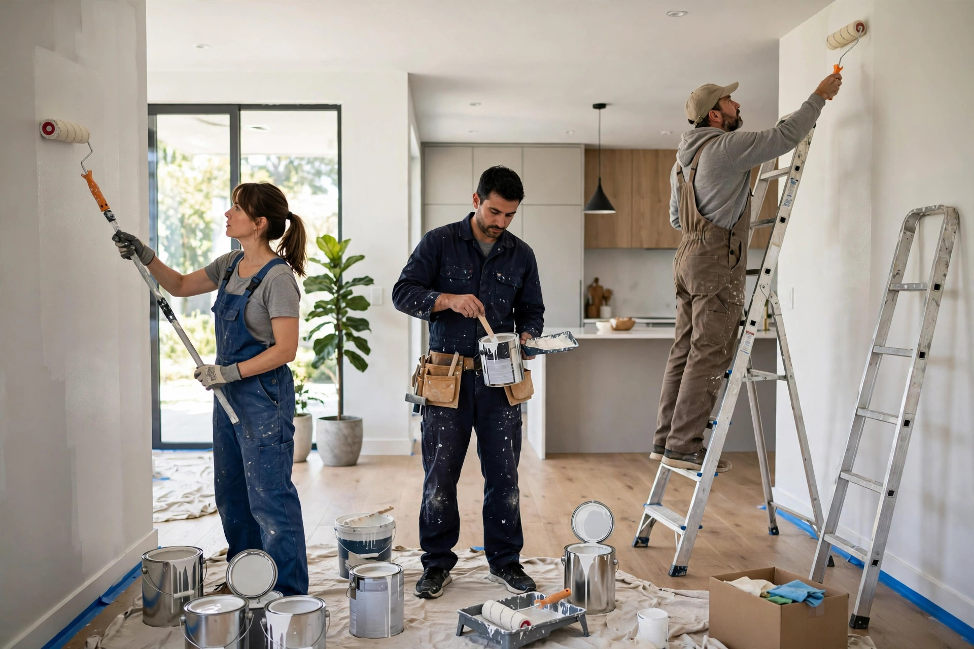 A painting crew in work gear painting a bright modern home interior, with rollers, ladders, and paint cans nearby
