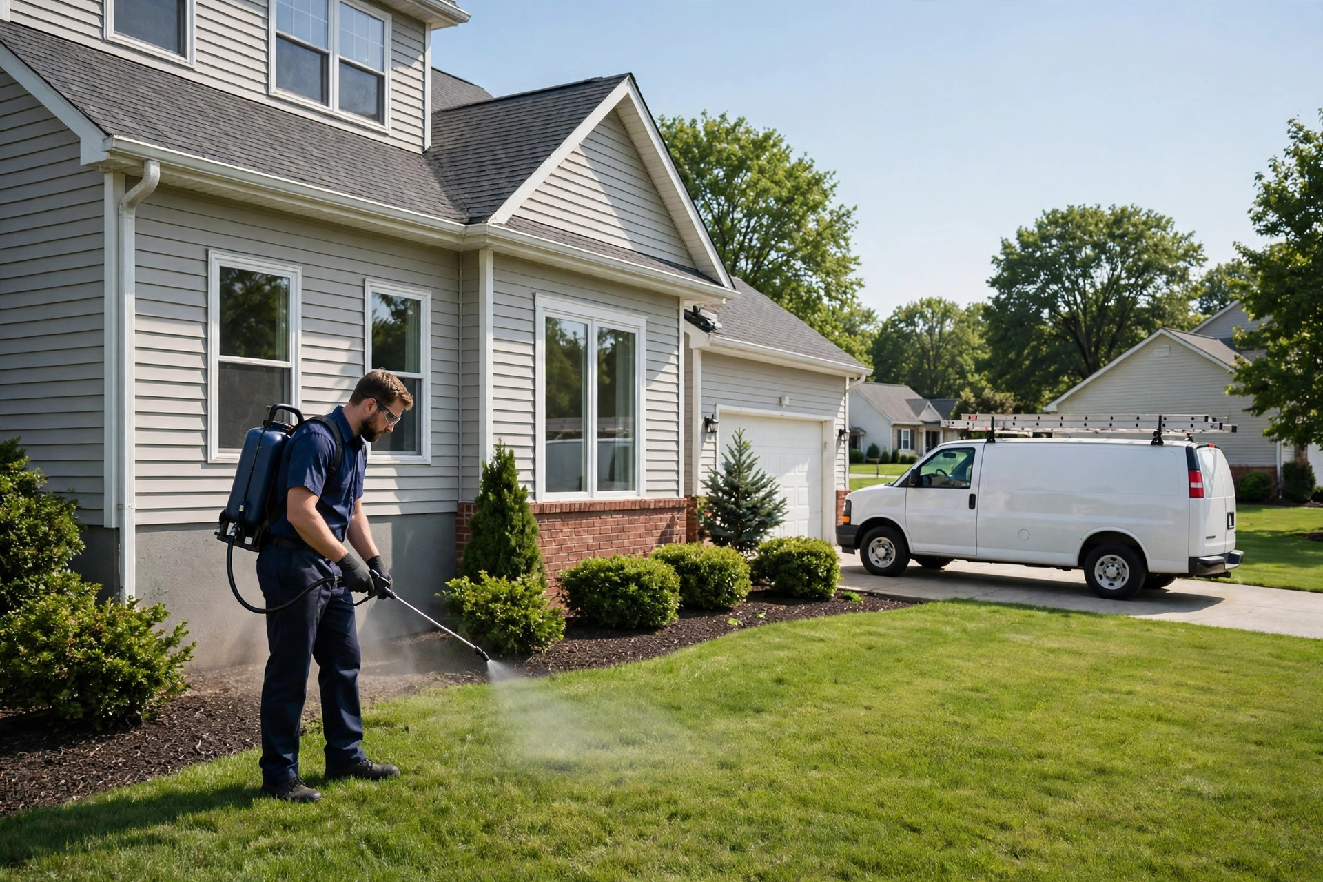 A pest control technician in uniform treating the exterior of a suburban home with professional spray equipment, service van in the driveway