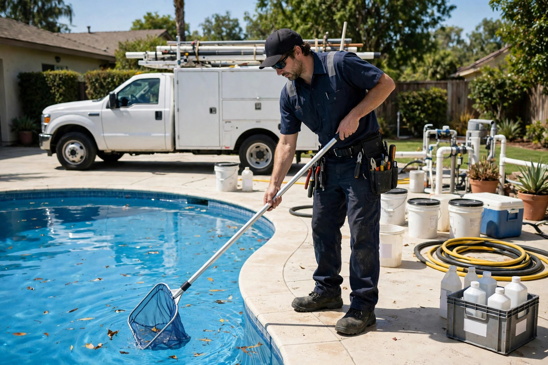 A pool service technician in work gear skimming a bright blue residential swimming pool, with a white service truck, hoses, and chemical supplies nearby