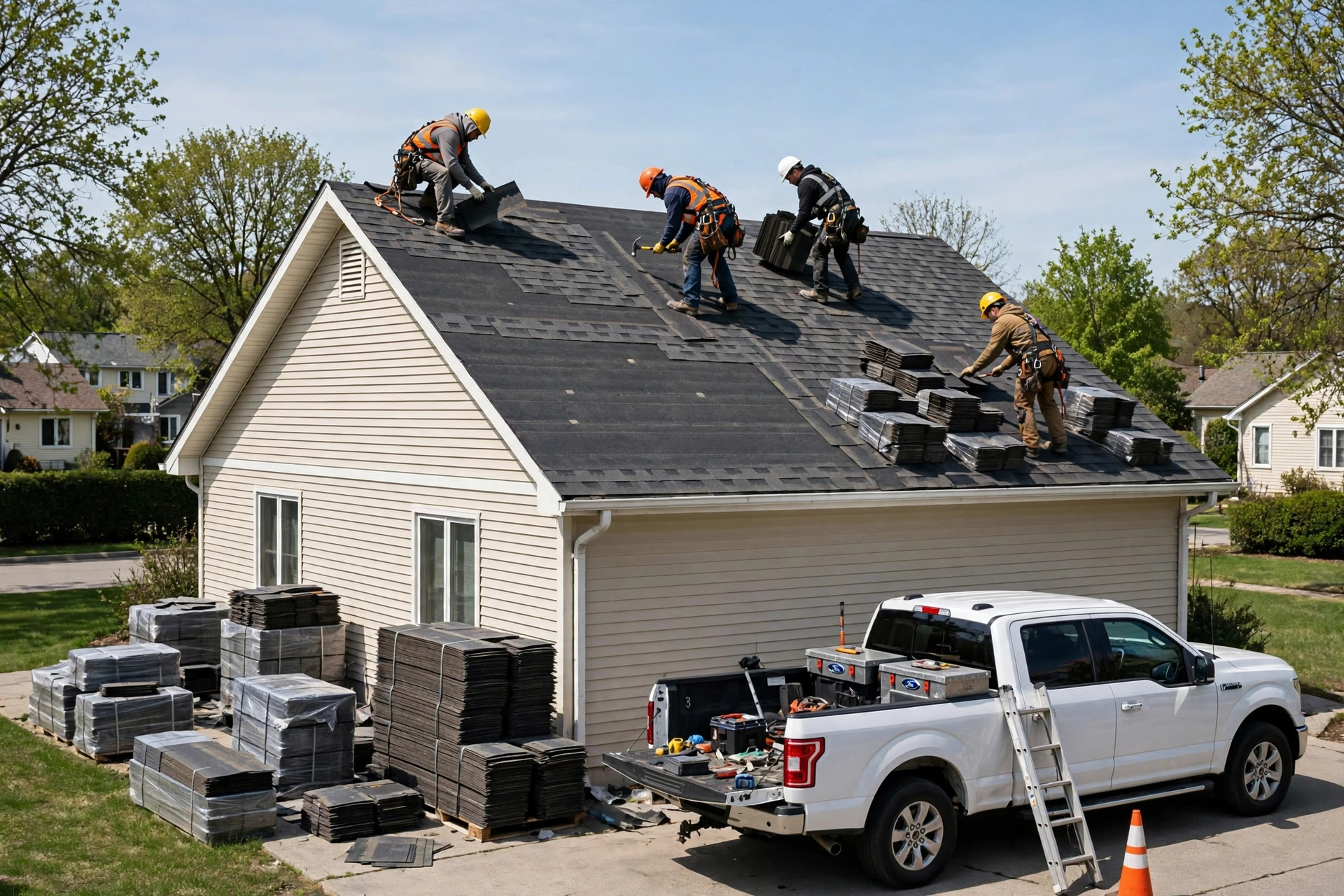 A roofing crew installing architectural shingles on a residential roof, wearing safety harnesses, with a work truck below