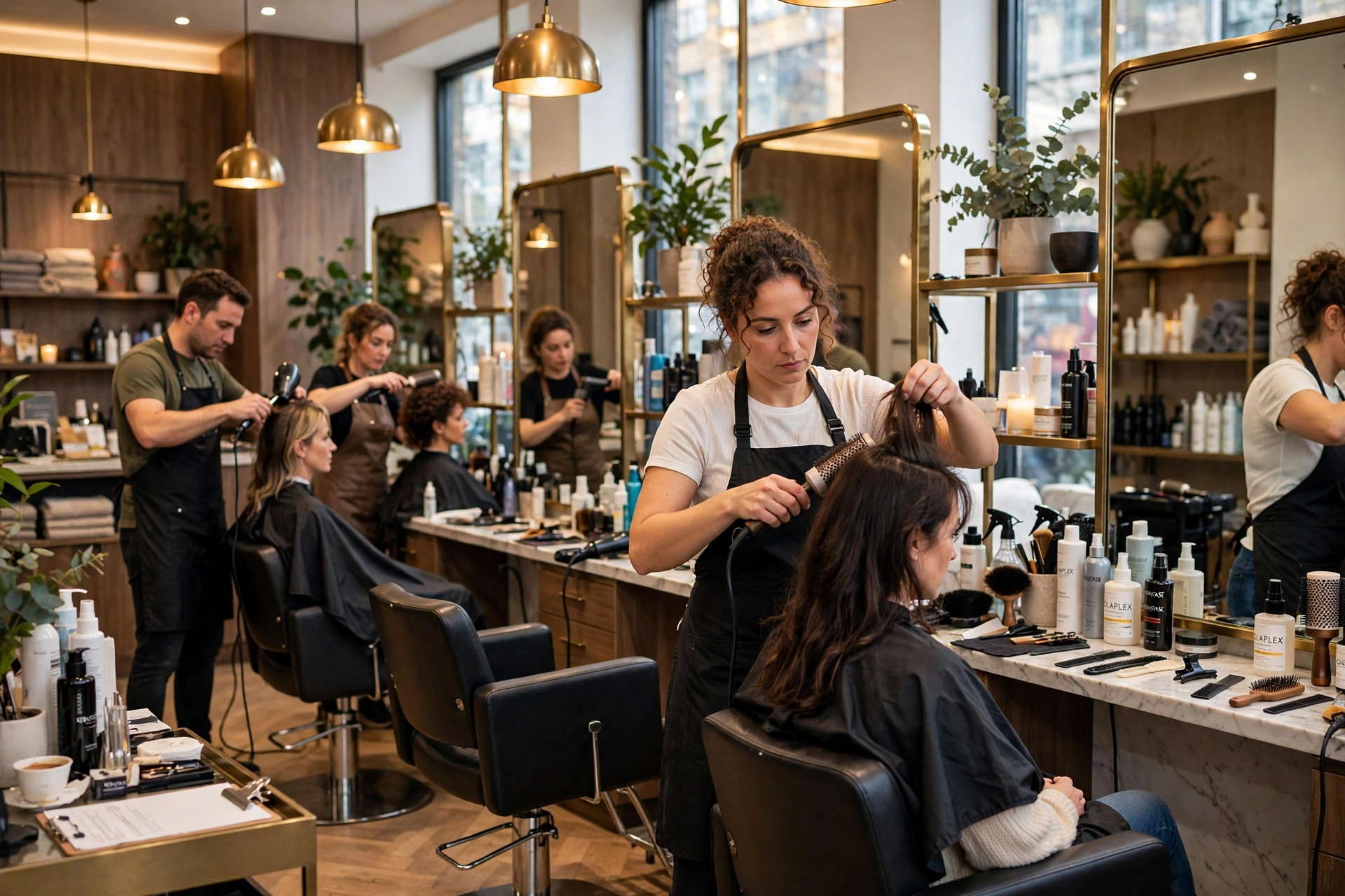 Busy upscale beauty salon interior with stylists working at mirrored stations, styling chairs, and a client getting her hair styled