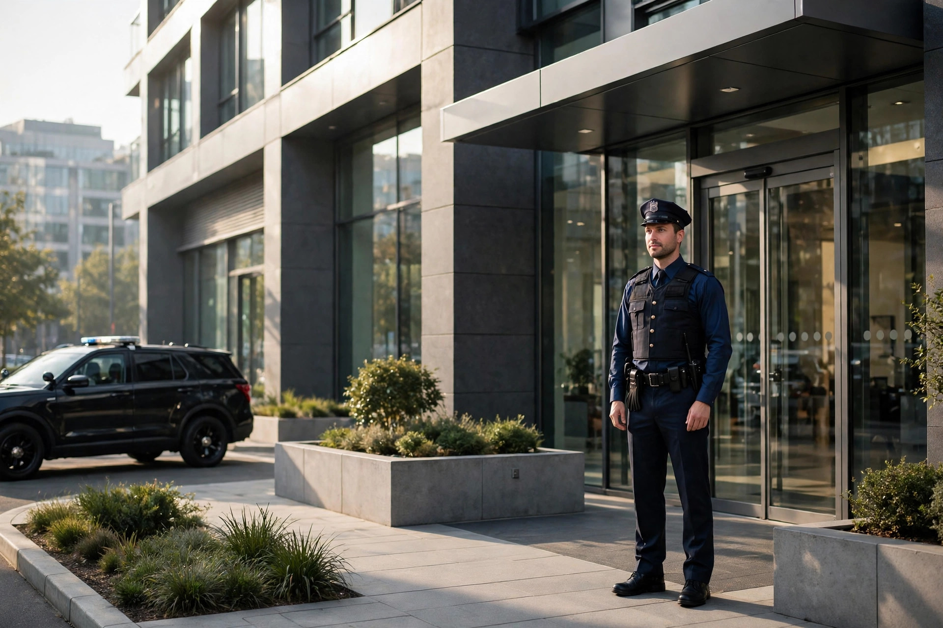 A security guard in a neat dark uniform standing at the entrance of a modern commercial office building, with a marked security patrol vehicle parked nearby