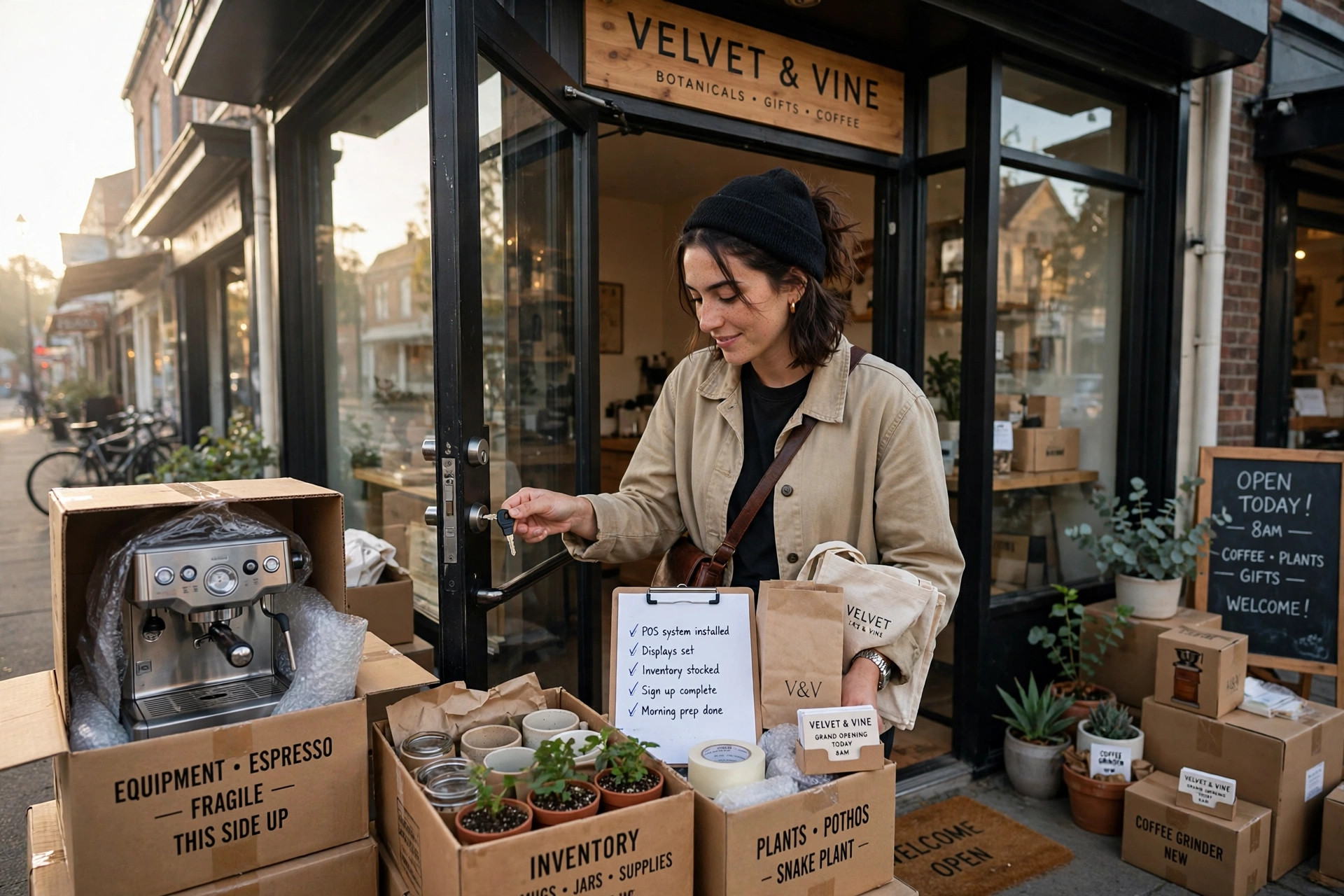A young entrepreneur opening her new storefront with boxes of new equipment and inventory
