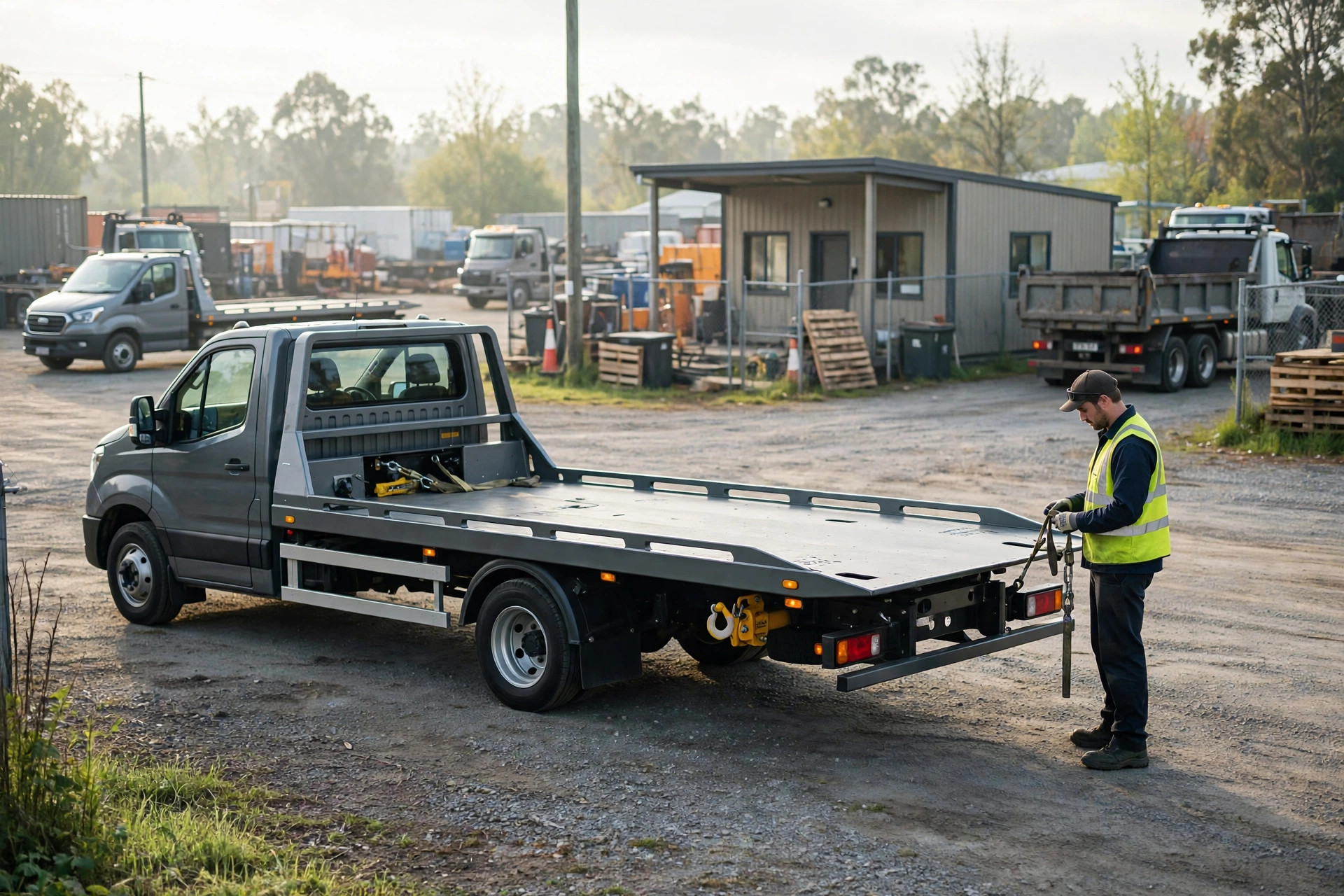 A tow operator in a high-visibility vest checking straps on a flatbed tow truck at a towing company yard in morning light