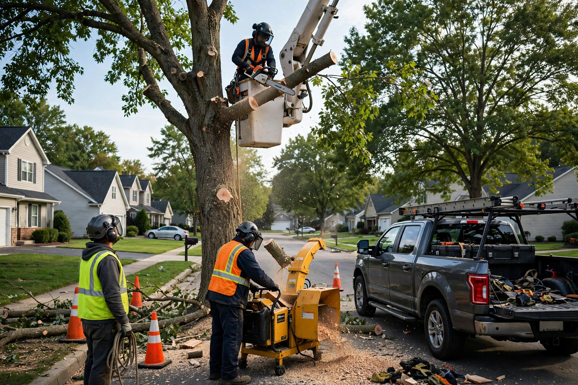 A tree service crew at work, an arborist in a bucket truck trimming a large tree, with a wood chipper and work truck below