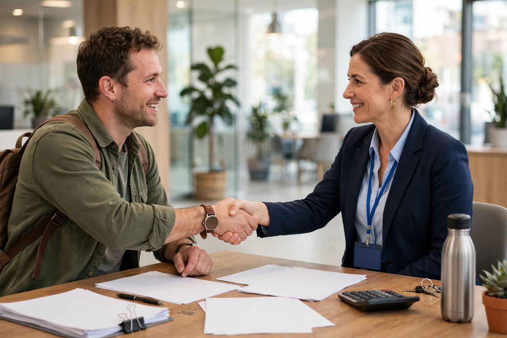 Small business owner shaking hands with a bank manager across a desk in a bright bank branch, with loan paperwork on the desk