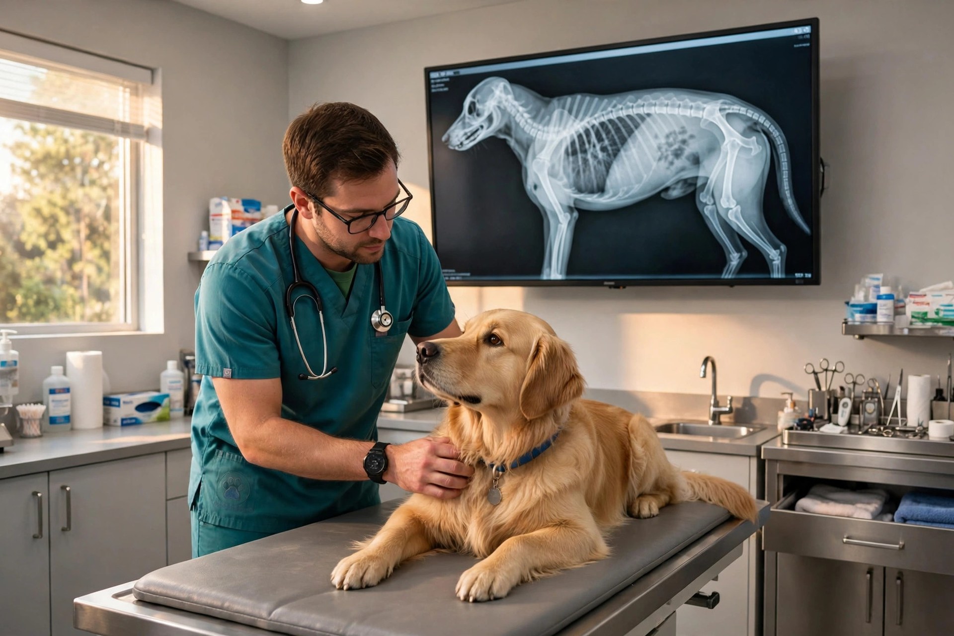 A veterinarian examining a golden retriever on an exam table in a bright modern veterinary clinic