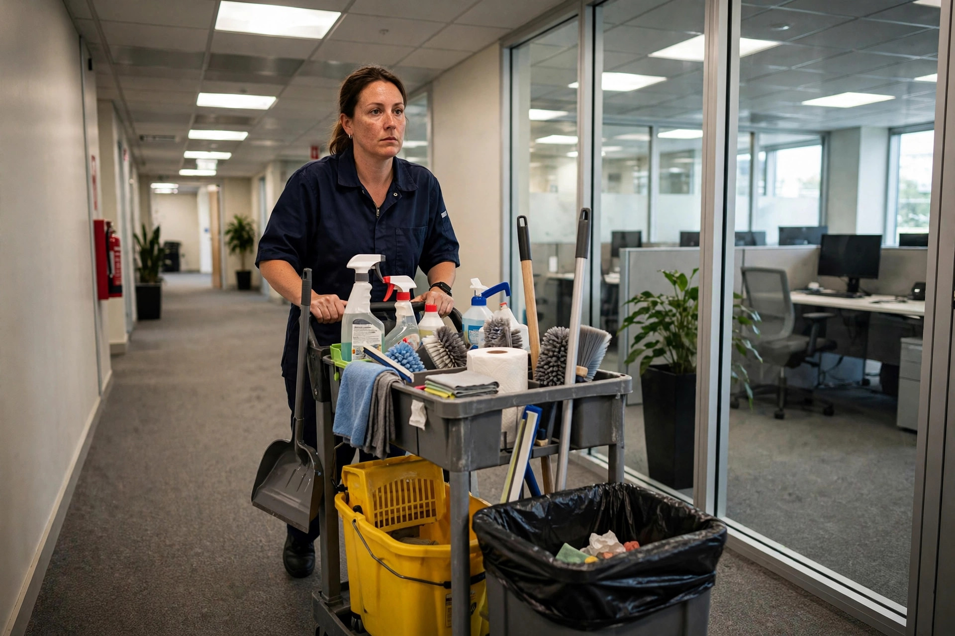Professional cleaner pushing a janitorial cart with cleaning equipment and supplies through a commercial office hallway