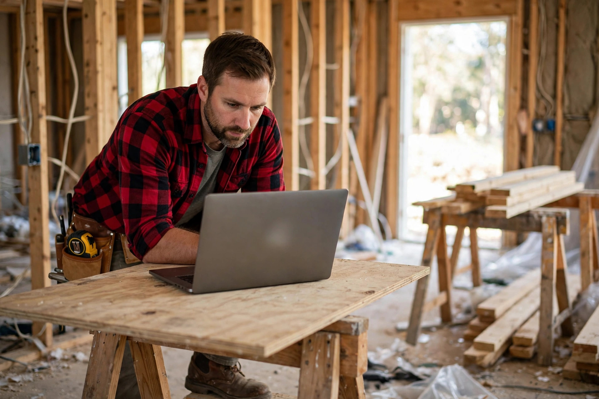 Contractor in work boots and flannel shirt reviewing financing on a laptop inside a home under construction