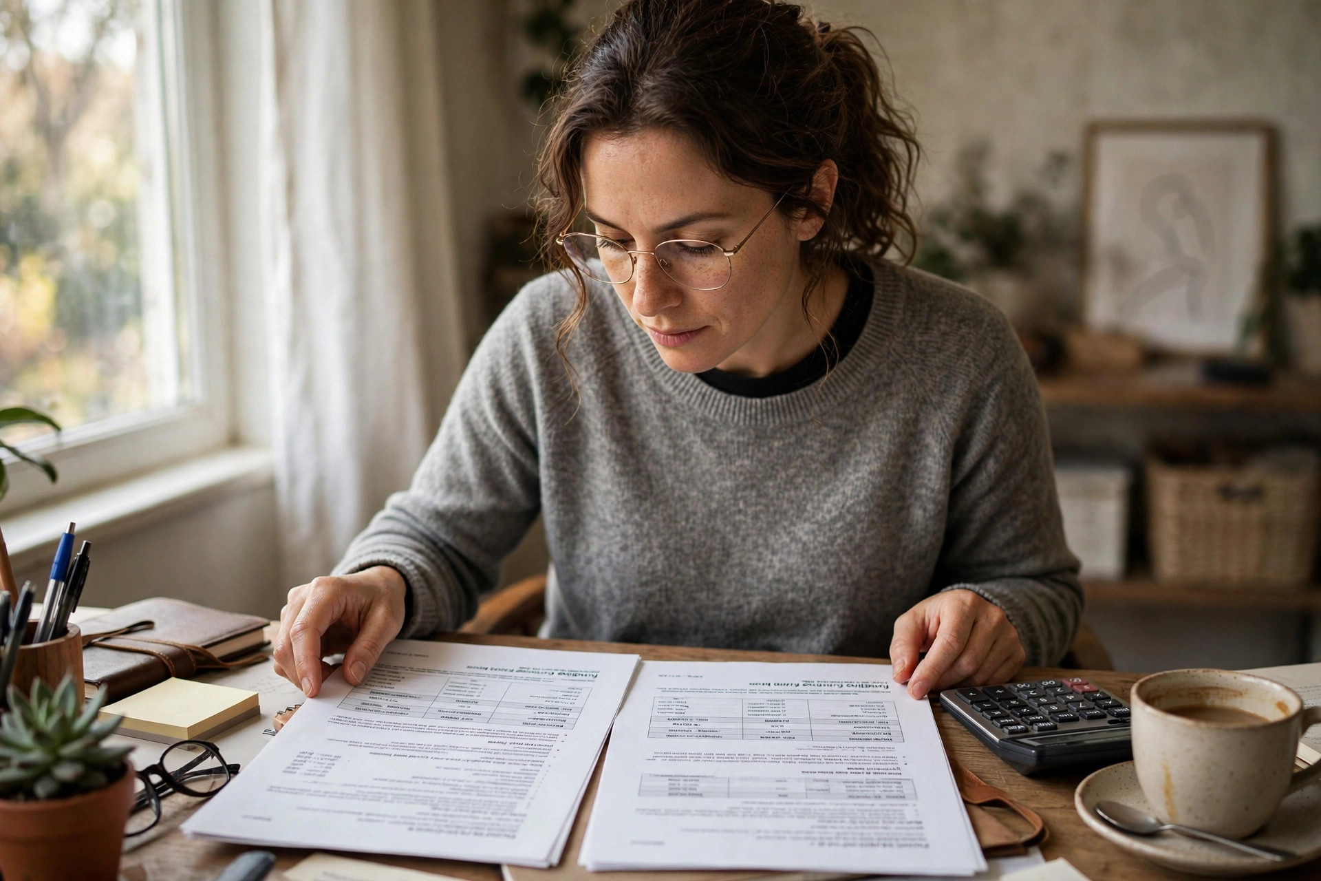 Small business owner comparing two printed funding offer documents side by side at a desk with a calculator and coffee