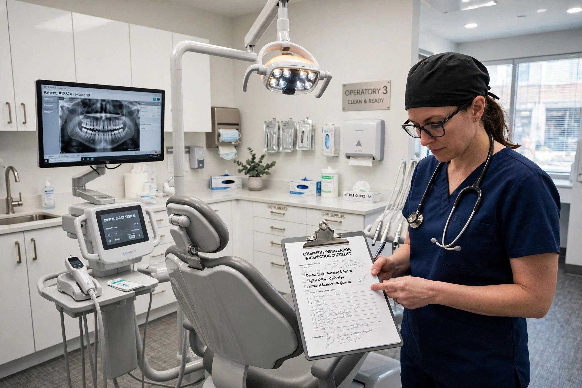 Modern dental operatory with new dental chair and digital imaging equipment