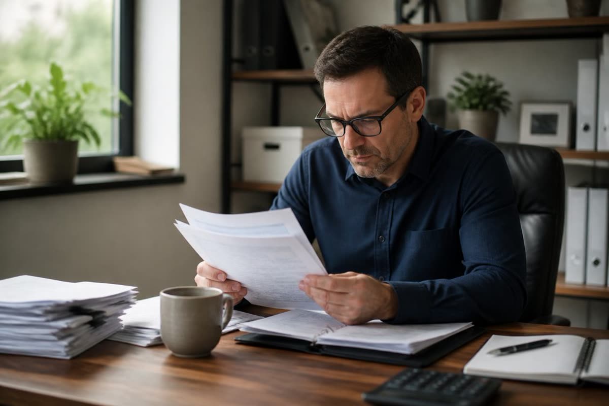 Business owner reviewing financial documents and loan paperwork at his office desk