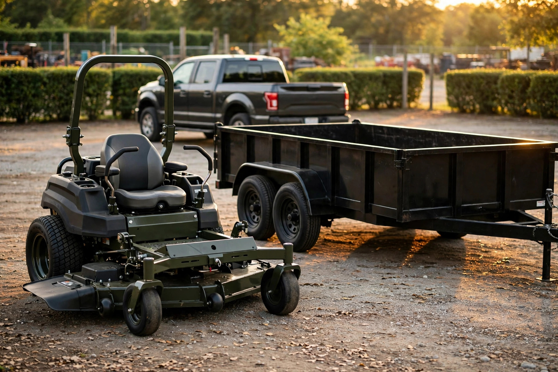 A commercial zero-turn mower and a dump trailer in a landscaper's equipment yard at golden hour, work truck behind them