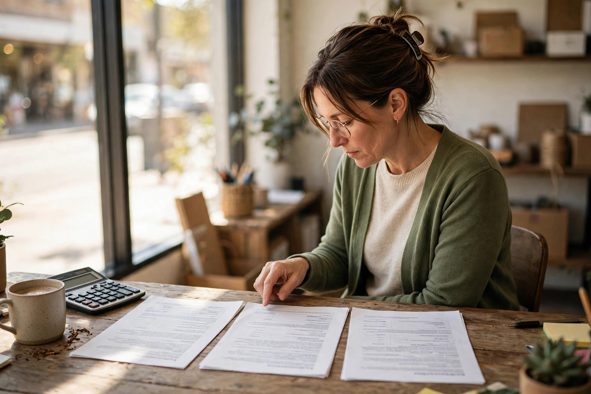 Small business owner comparing three printed loan offer documents on her desk with a calculator and coffee