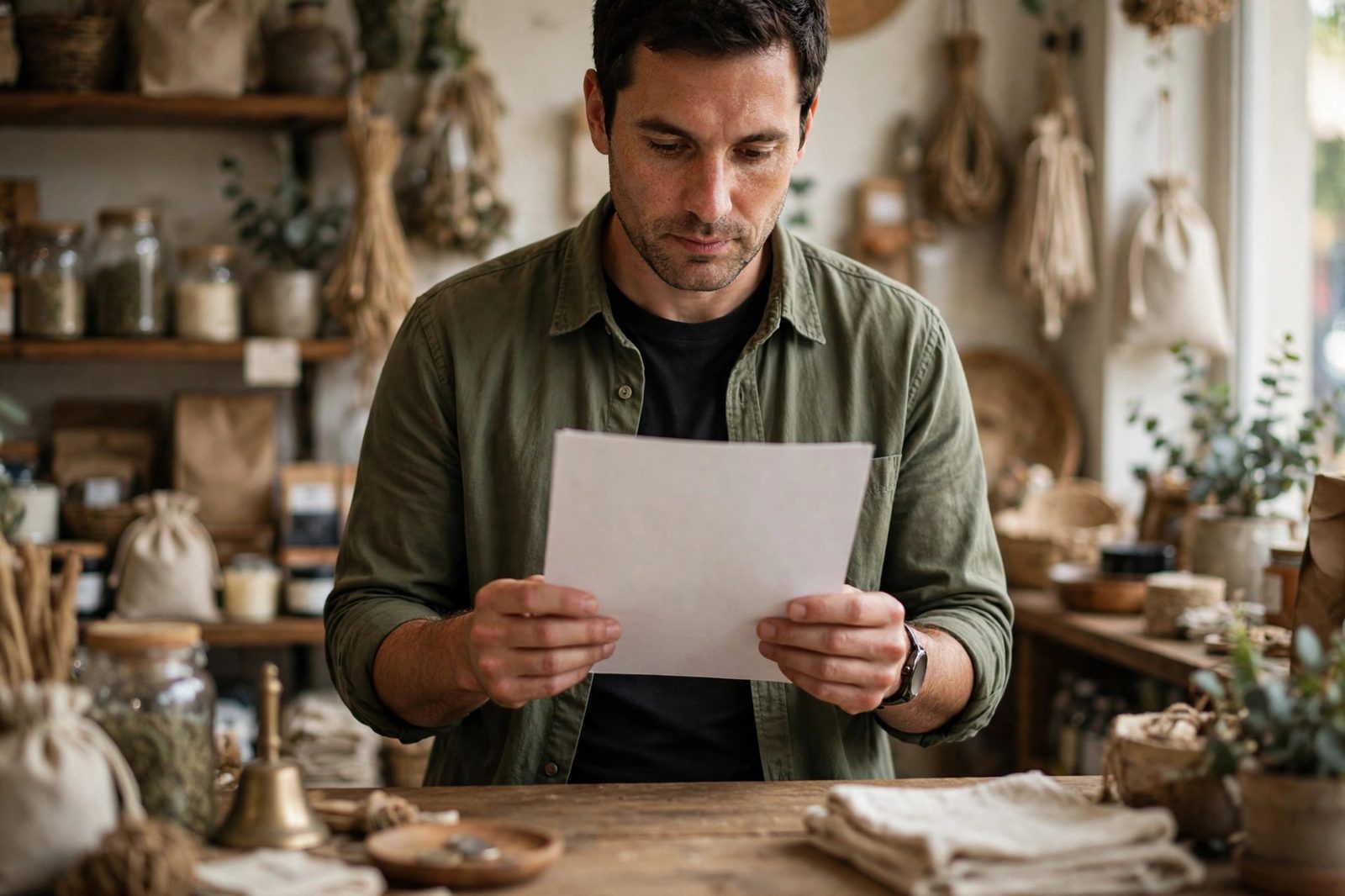 A merchant reading a funding offer document behind the counter of a small retail shop