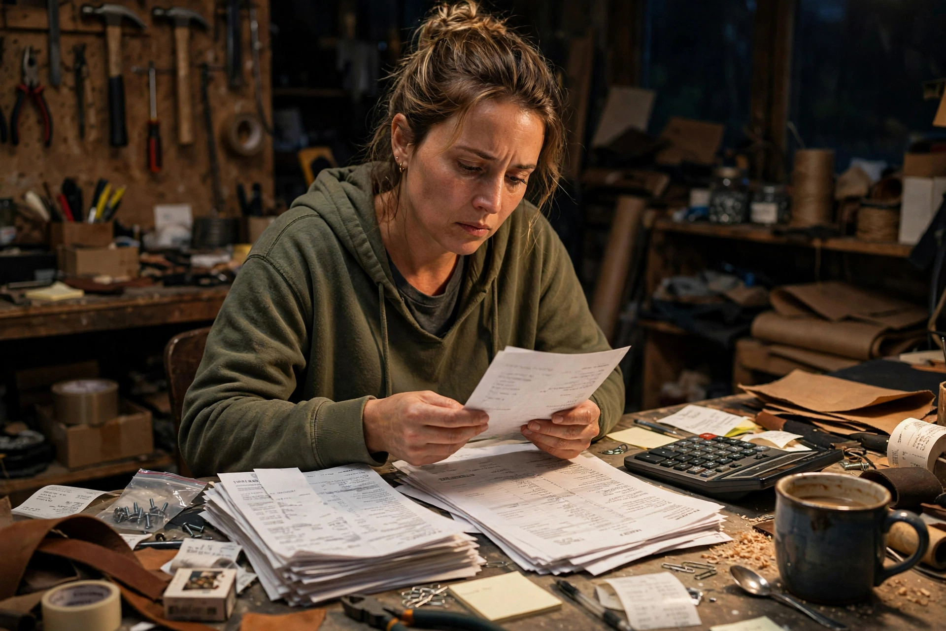 Small business owner at a cluttered workshop desk late at night reviewing a stack of bills and bank statements