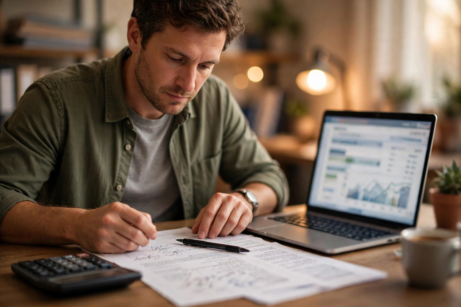 A small business owner reviewing payoff paperwork with a calculator and a laptop showing a payment schedule