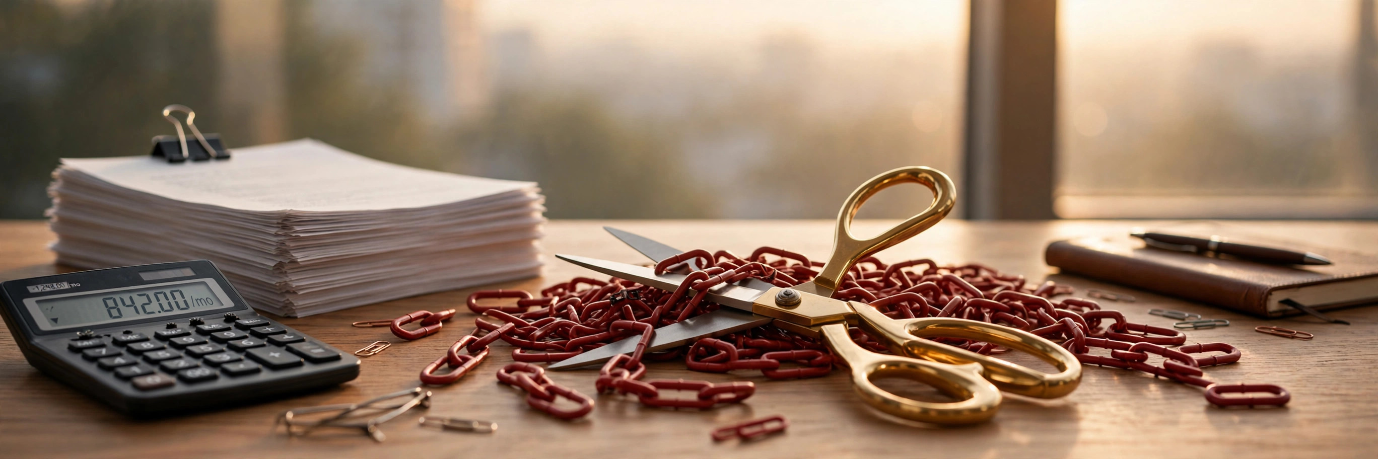 Brass scissors cutting through tangled red chains on a business owner's desk, with a stack of loan agreements and a calculator