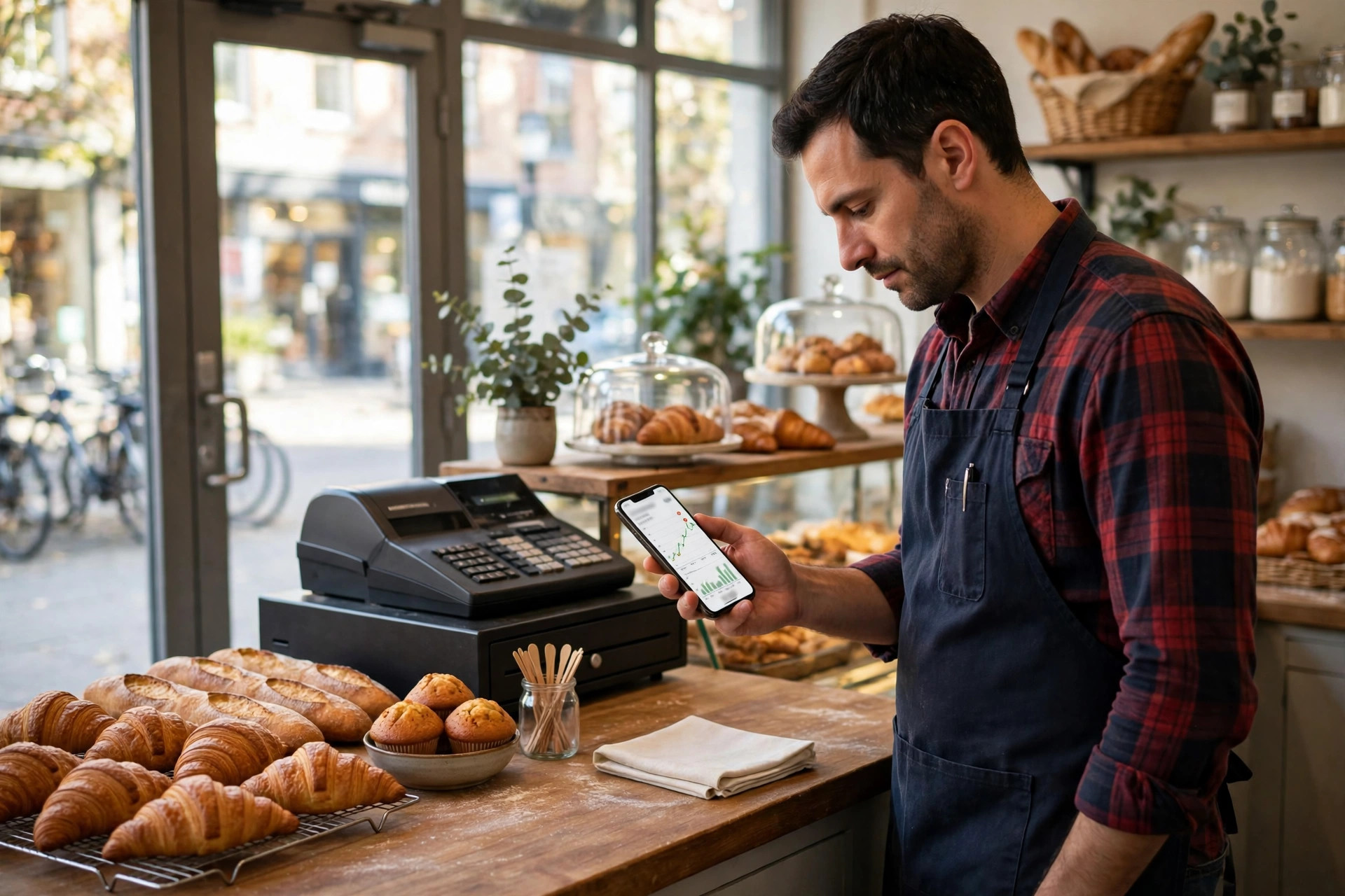 A bakery owner checking the morning's bank activity on a smartphone behind the counter, cash register and storefront behind