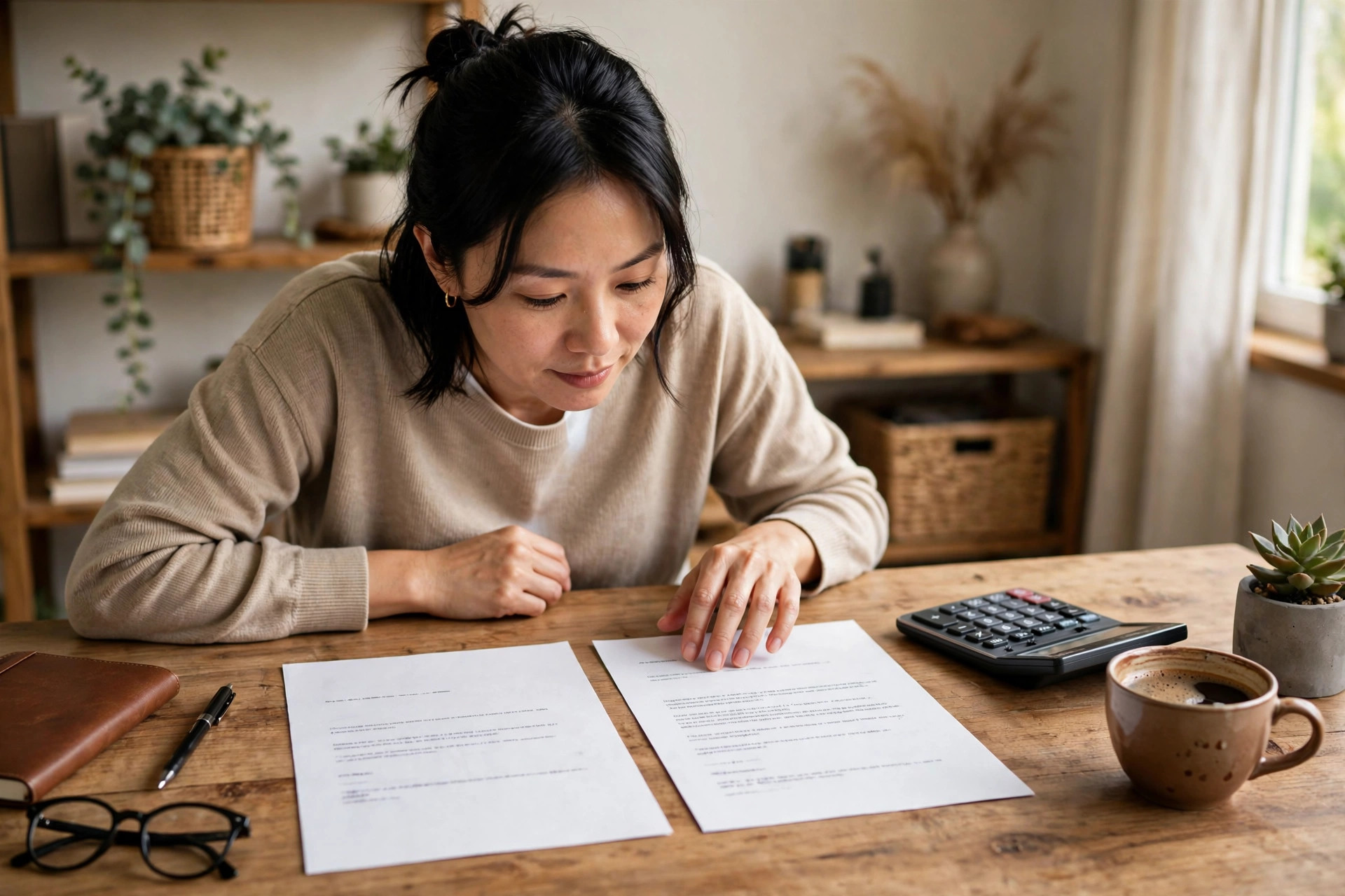 Small business owner comparing two printed loan offer documents side by side on a wooden desk, with a calculator and coffee