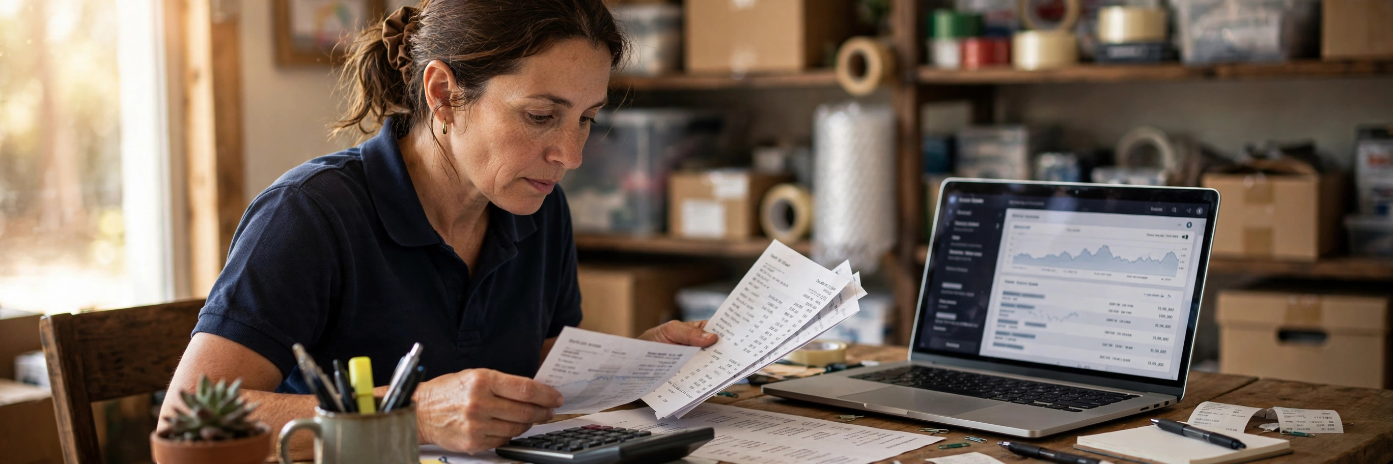 Small business owner reviewing bank statements and a calculator at her shop desk