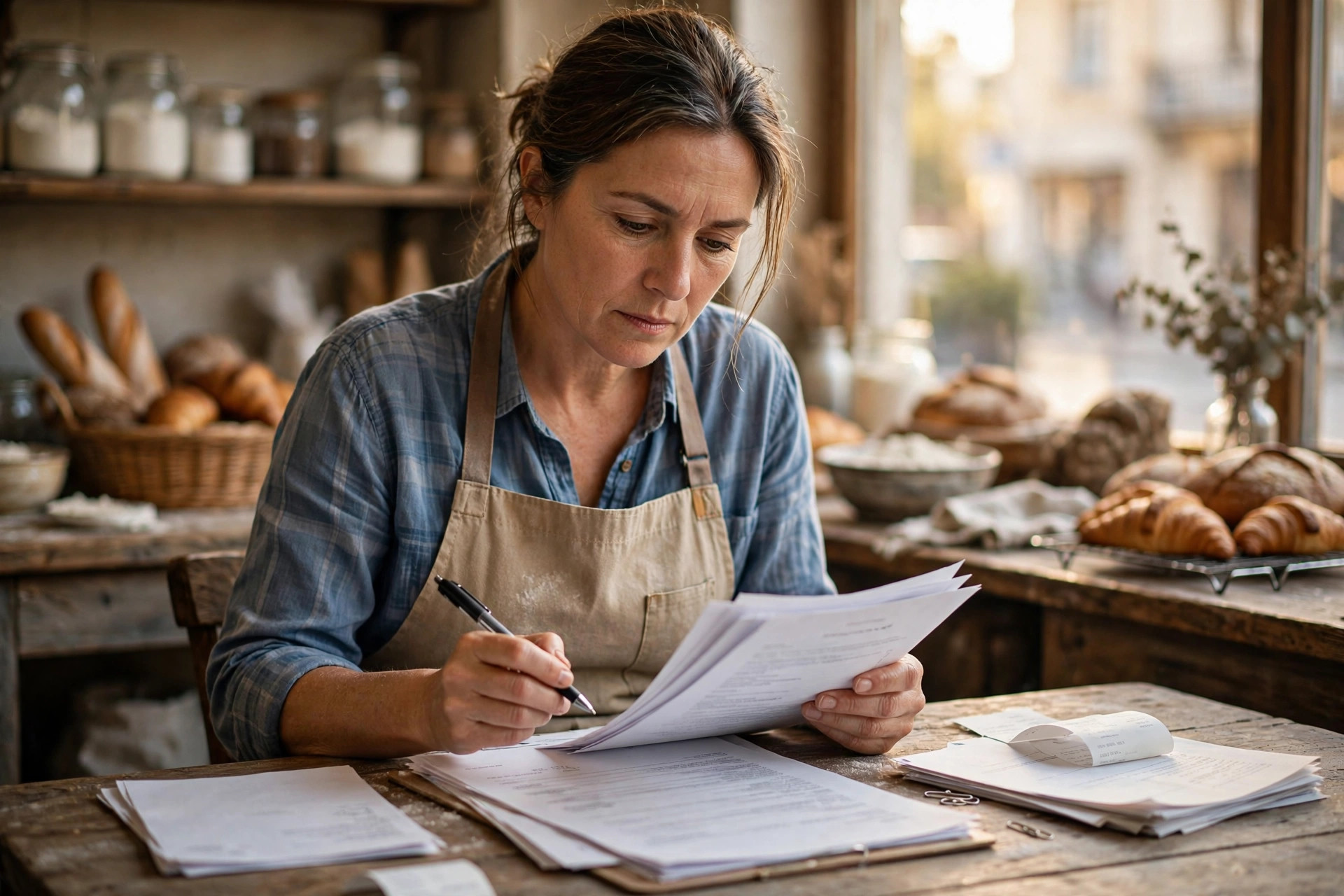 Bakery owner reviewing loan paperwork at her shop table, reading the fine print