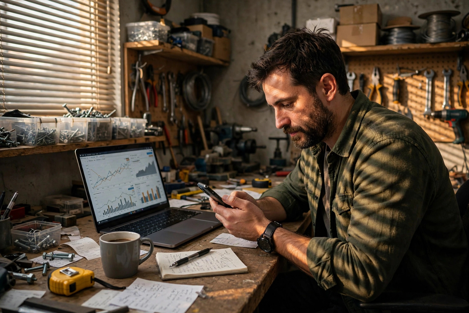 Business owner checking funding status on a smartphone in a workshop office with a laptop showing financial charts