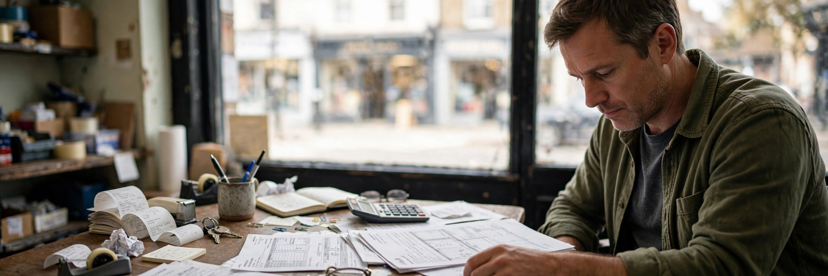 Small business owner at his storefront desk reviewing loan paperwork and bank statements with a calculator