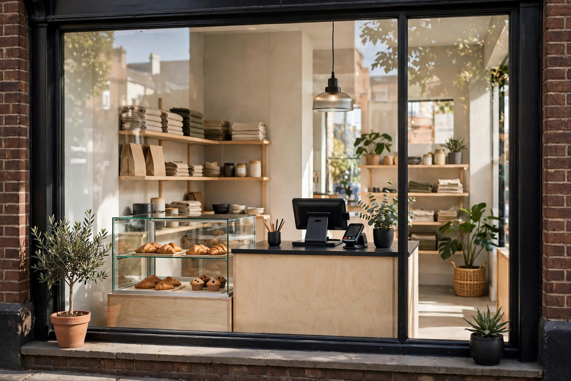 Small business owner reviewing financing offers at a storefront counter with a modern point-of-sale terminal