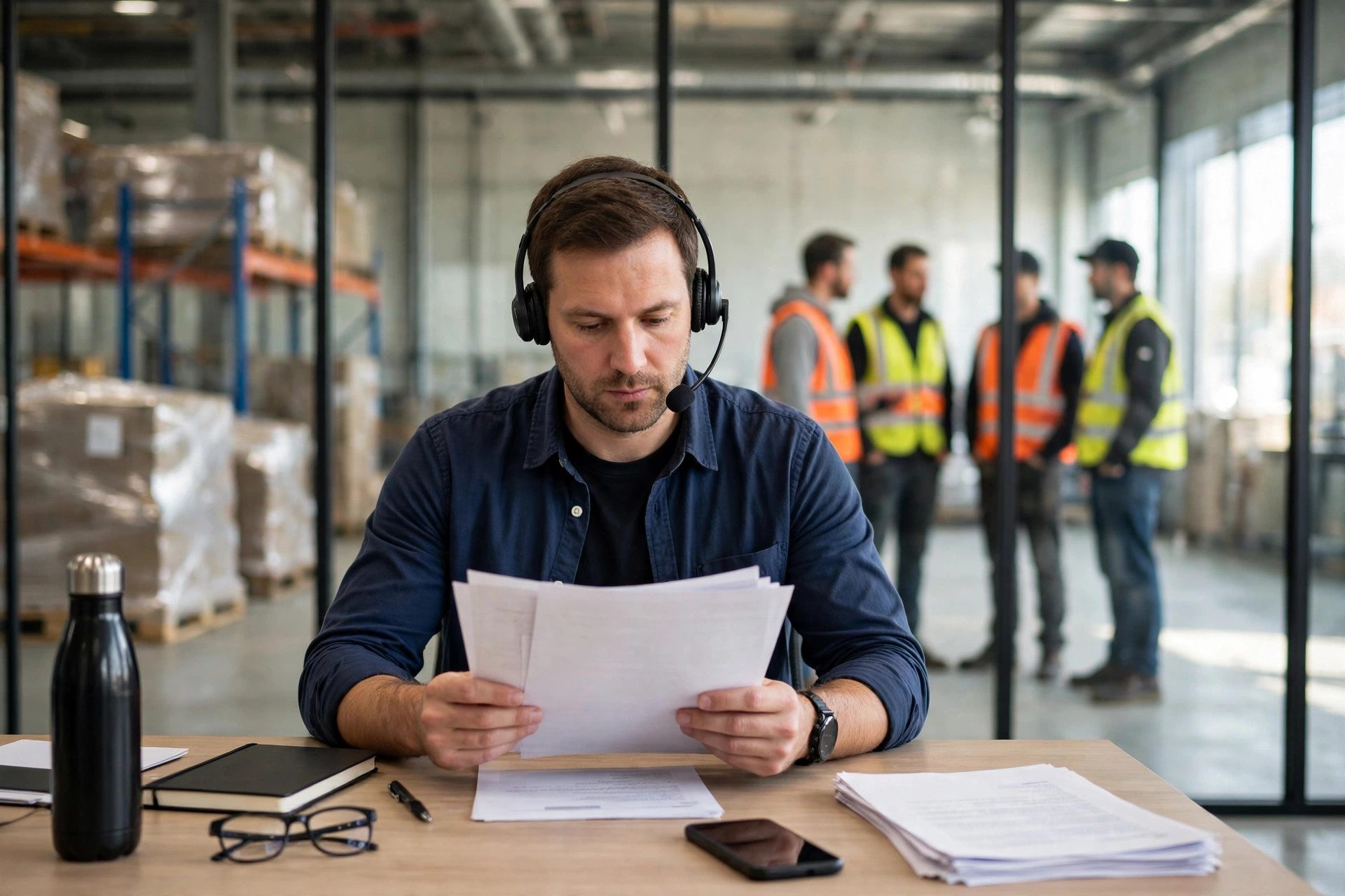 Staffing agency recruiter with a headset reviewing job applications at an office desk, with temporary workers in safety vests visible through a glass office wall