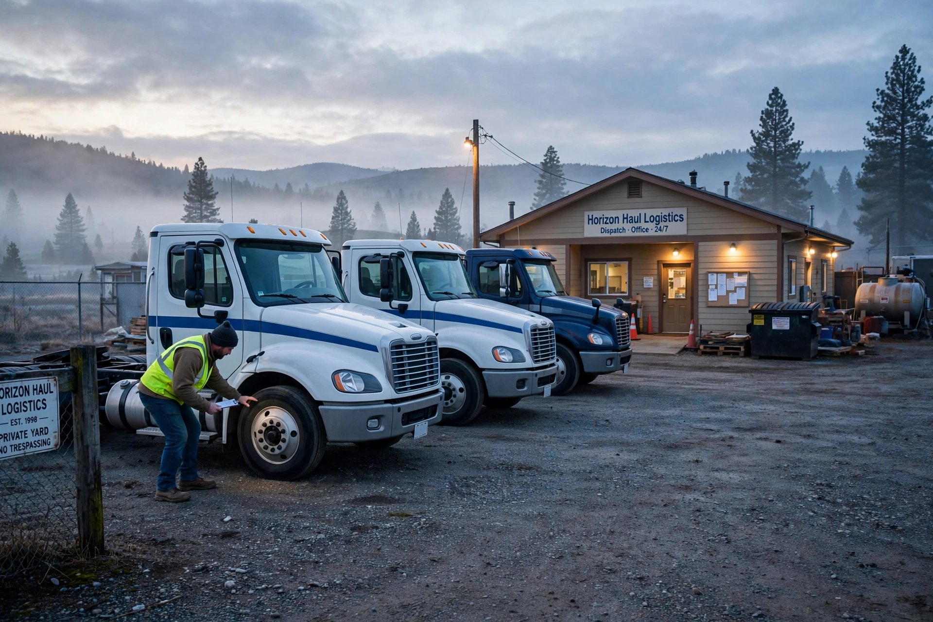 A small trucking company yard at dawn with semi trucks lined up and a driver inspecting a tire