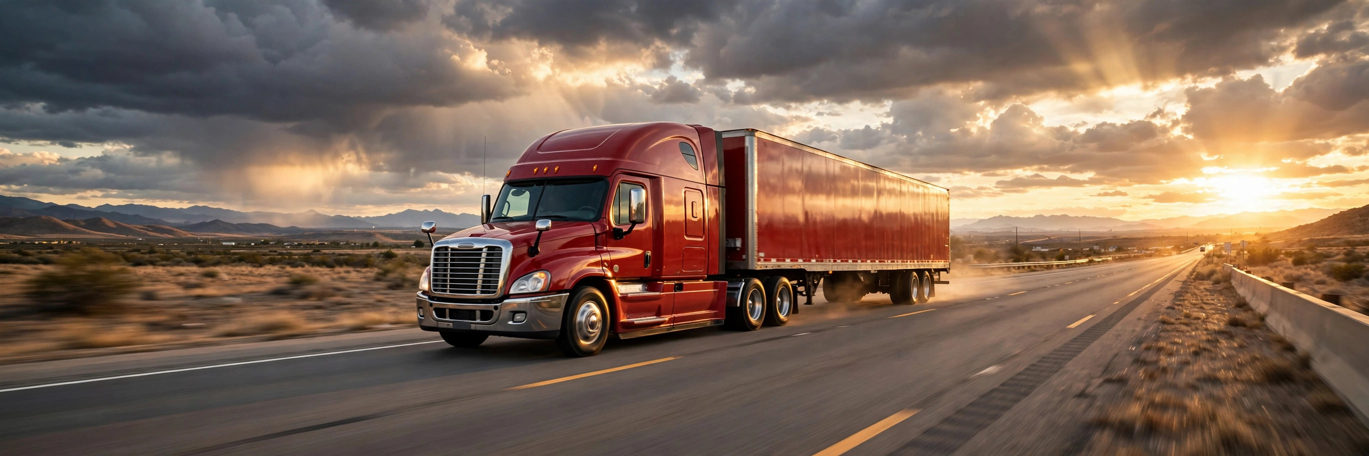 Red semi-truck with trailer driving on an American interstate highway at golden hour