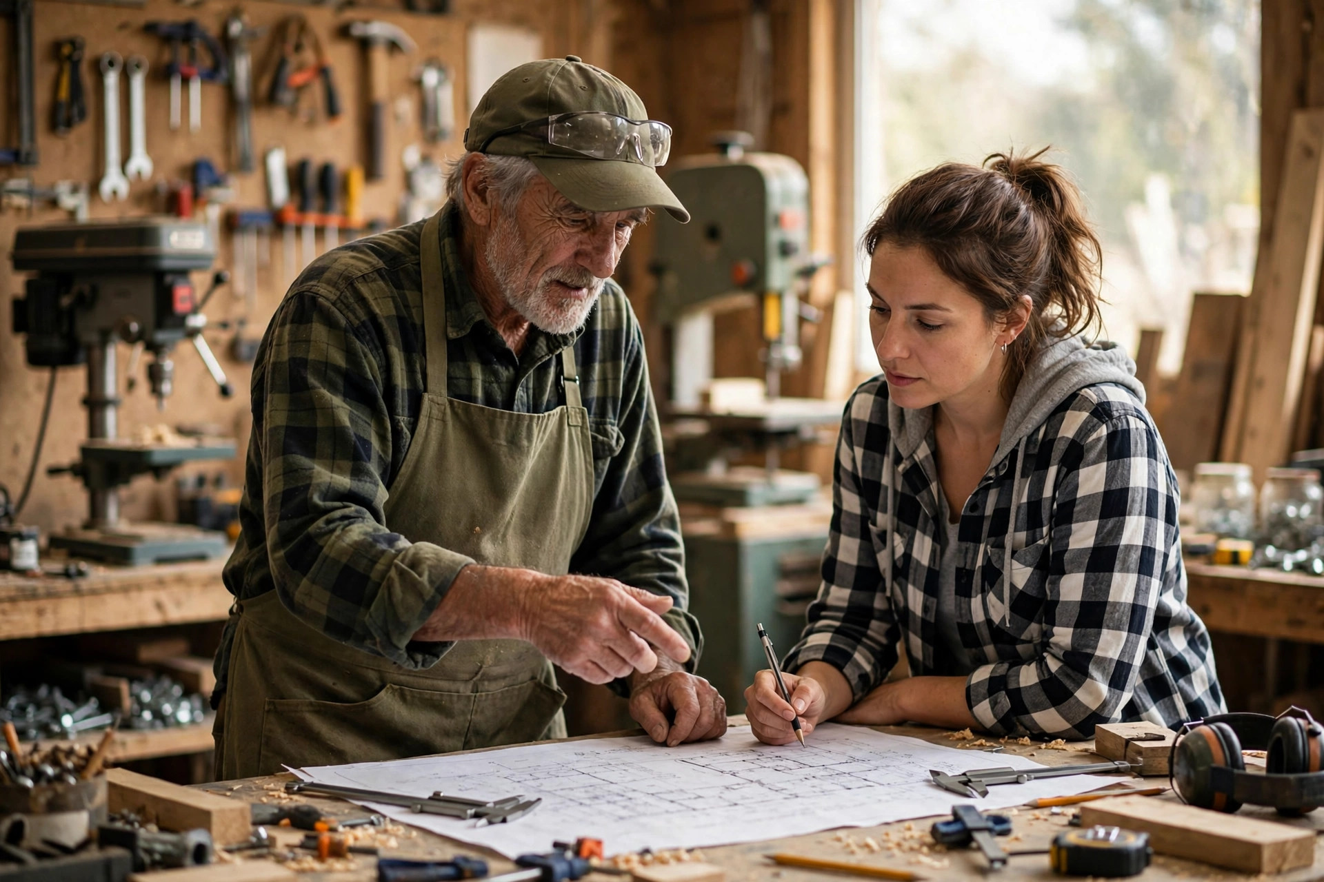 Veteran small business owner reviewing workshop plans with a team member in a well-equipped small business shop