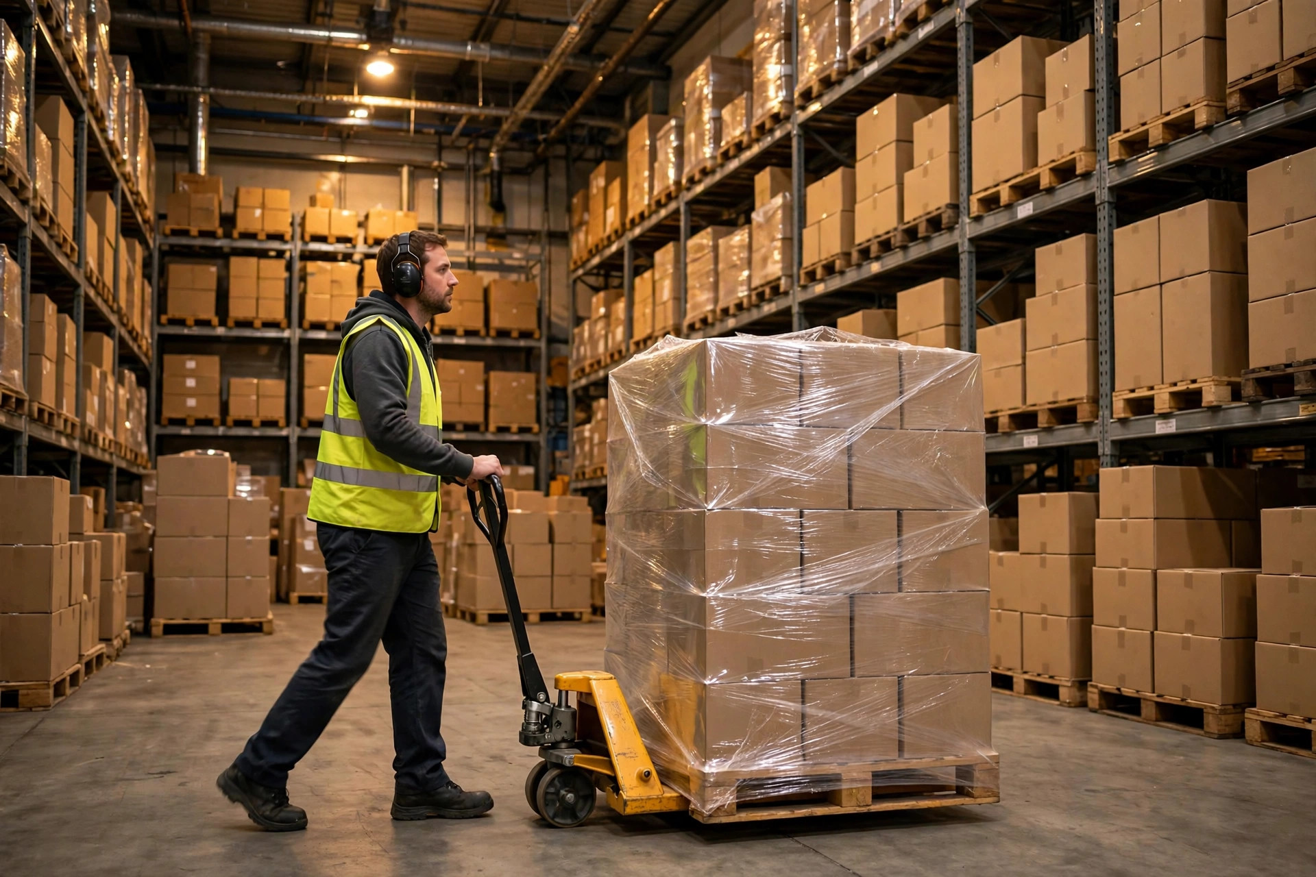 Distribution warehouse worker in a hi-vis vest moving shrink-wrapped palletized inventory with a pallet jack between stocked racking shelves