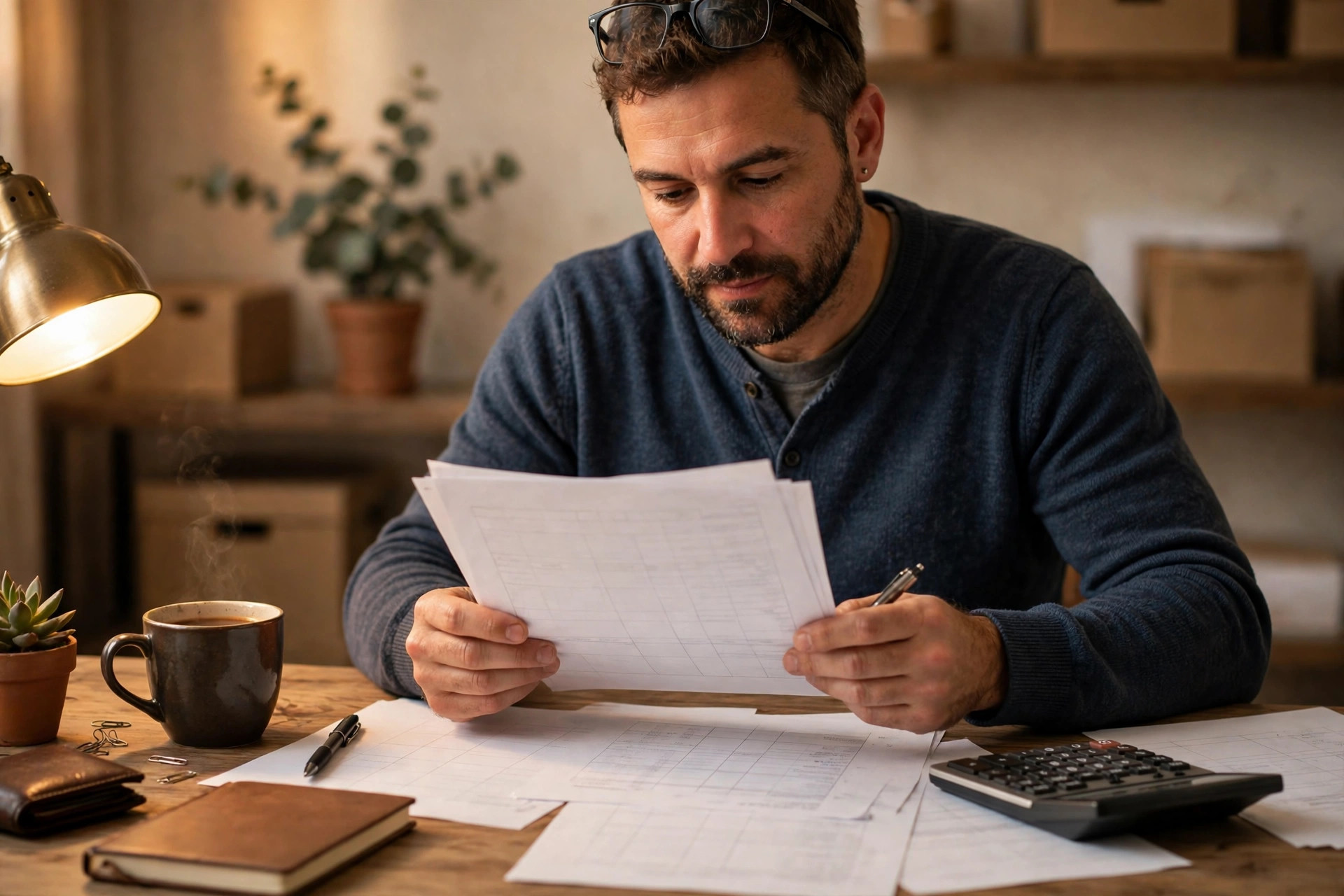 Small business owner reviewing financial statements with a calculator on a warm-lit wooden desk
