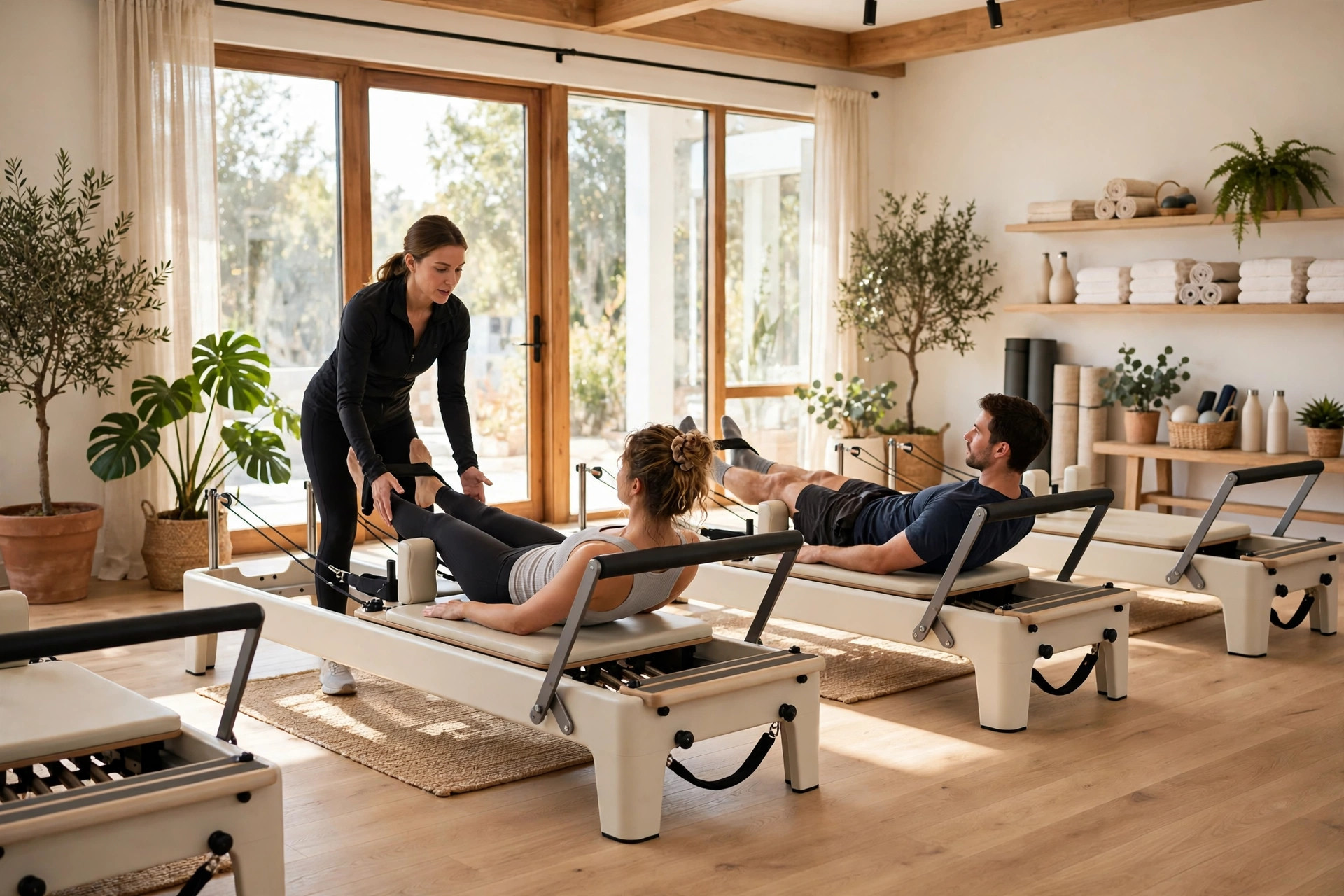 A bright modern boutique Pilates studio with reformer machines and an instructor guiding a small class